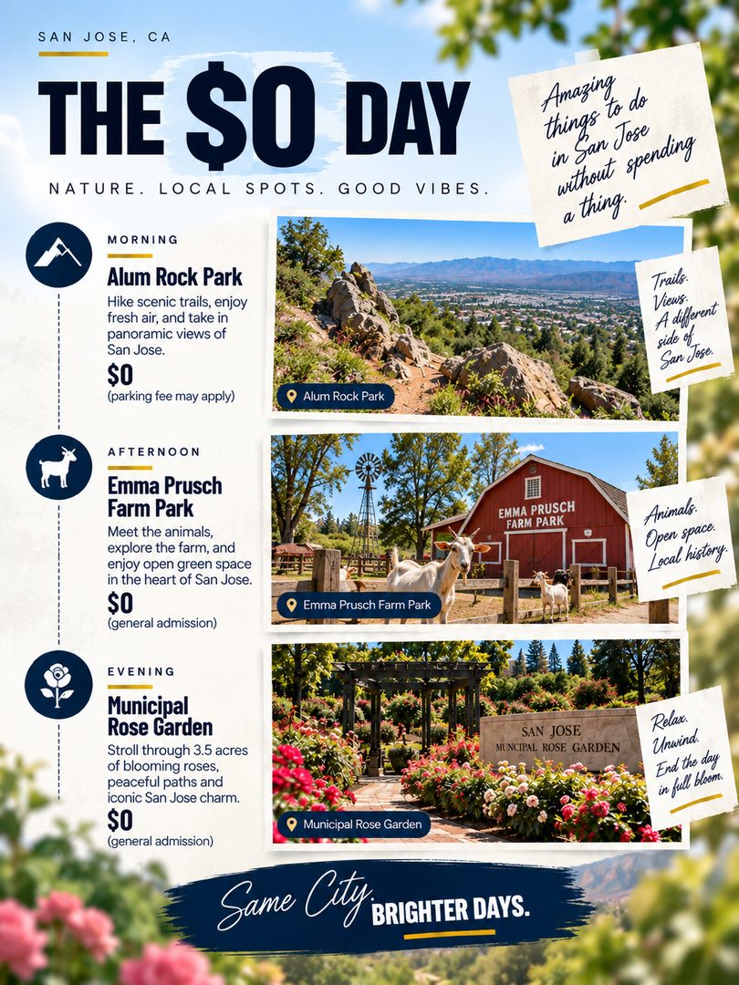 You don’t have to spend a lot to enjoy San Jose.

One day could be hiking Alum Rock Park, exploring Emma Prusch Farm Park, and ending at the Municipal Rose Garden. Or you could make it a Santana Row day with coffee, lunch, shopping, and dessert.

Same city. Completely different Saturday.

Which are you picking: $0 Day or $100 Day?