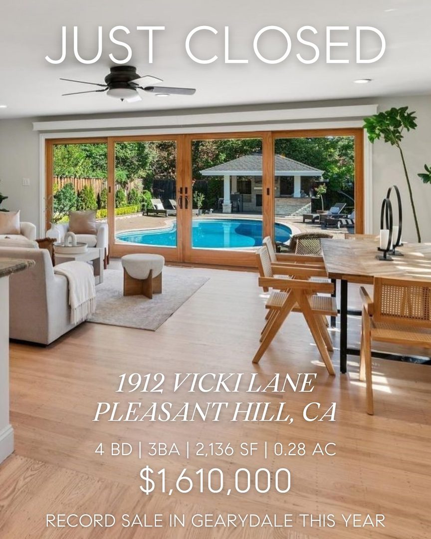 RECORD SALE IN GEARYDALE THIS YEAR! 🚀
JUST CLOSED // BUYER REPRESENTED
1912 Vicki Lane, Pleasant Hill
2,136 SF | 4-Bed | 3-Bath | ~0.28 Acres
Thrilled to help my SoCal buyers close on this incredible indoor-outdoor oasis in Pleasant Hill’s desirable Gearydale neighborhood!
Set on a spacious 12,320 SqFt lot, this single-level gem features 3 beds, 2 beautifully updated baths, PLUS a fully equipped 500 SqFt detached guest house with its own kitchen and bath. Perfect for extended family, guests, or a home office.
The backyard is pure resort living: sparkling pool, hot tub, and a covered cabana complete with built-in gas fireplace, BBQ, and entertainment system. Inside, the modern kitchen flows seamlessly into a light-filled family room with direct access to your private paradise.
Congrats to my amazing clients on their dream home! 🥂
Thank you, @jsullberg, @ransom.house, for helping make my clients’ dream come true!
Shout out to the @gearydale94523 moms and dads club for showing their support and helping drink all our wine at the twilight tour 😎
Gearydale | Pleasant Hill | Pool & Guest House | Indoor-Outdoor Living
Steven Potts // DRE #02215986
✉️ steven@pottsre.com
🤙 925-444-0377
#gearydale #pottsrealestate #stevenpottsrealestate #sellingwalnutcreek #Walnutcreekrealestate #sellingpleasanthill #Pleasanthillrealestate #irishofcompass #britsofcompass
#DRE02215986 #CompassBayArea #94523