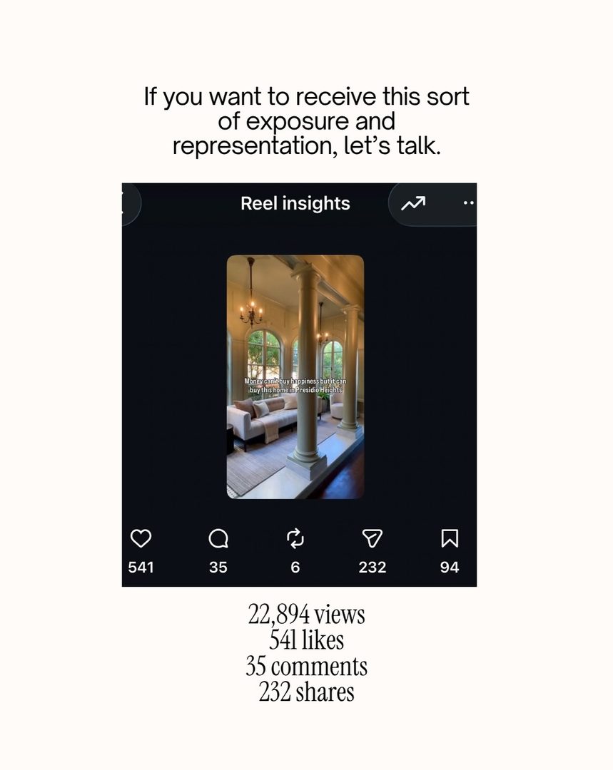 Before anyone walks through your San Francisco, CA home, they’ve already seen it on their phone.
If you’re looking to sell your San Francisco, CA home, let’s talk.
That first look is the cover, and it decides who books the showing.
But we’re not here just to go viral. We’re here to create demand.
If you’re looking to sell your San Francisco, CA home and desire distinctive representation, innovative marketing, and a proven process, let’s talk. Send me a DM, fill out the form in my bio or comment below to get started.
Lisa Vukovic, a real estate advisor representing San Francisco’s most discerning homeowners and buyers.
Serving San Francisco, Pacific Heights, Presidio Heights, Cow Hollow, Marina, Russian Hill, Nob Hill, Richmond, Sunset, Noe Valley and Bernal Heights and many more… #sfrealestateagent #sfrealestate #sfluxuryrealestate