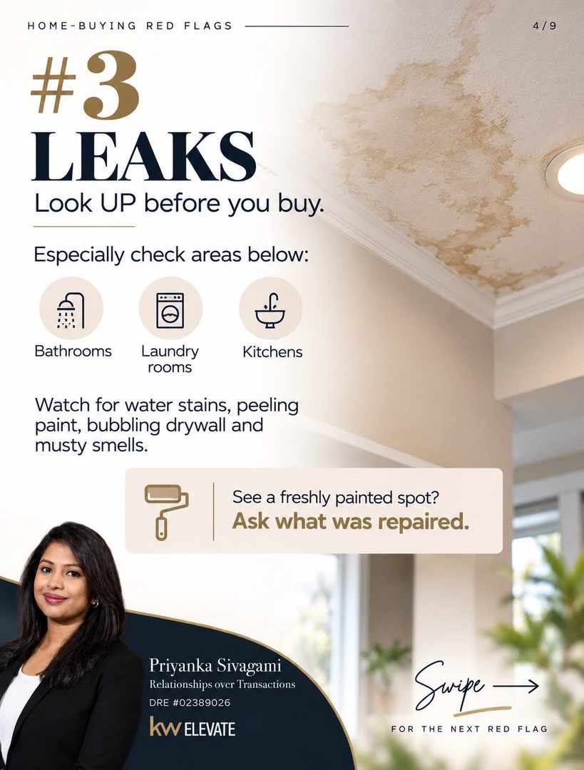 🚩 7 home-buying red flags you DON’T want to ignore
A home can have a gorgeous kitchen, fresh paint, beautiful staging… and still be hiding some very expensive problems. 👀🏡
Before you fall in love with a home, pay attention to:
💧 Drainage issues
🏠 Stucco cracks & staining
💦 Signs of leaks
🪟 Window problems
🌡️ Aging HVAC systems
🏚️ Roof condition
🔍 Moisture & mold-like growth
Some of these issues may be minor but others can turn into thousands of dollars in repairs.
That’s why inspections, disclosures, and asking the right questions matter so much before you buy.
📌 SAVE this post and pull it up at your next home showing.
Buying a home in the Bay Area and want someone helping you look beyond the pretty finishes?
DM me “HOME” and let’s talk. 🤍
Priyanka Sivagami
Relationships over Transactions
DRE #02389026
KW Elevate