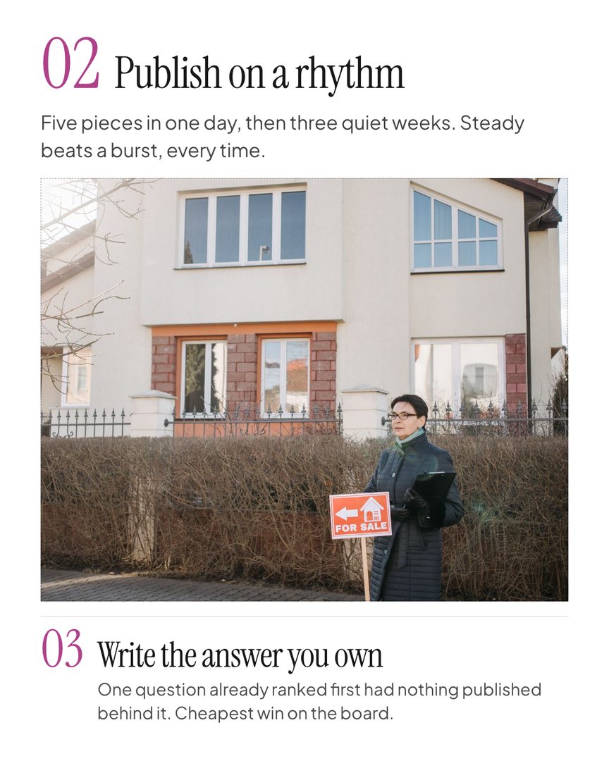 Ask an AI assistant who the best agent is in your market. It will give a real answer, with real names in it. Most agents have never checked whether they are one of them.

One month in, half of one agent’s tracked searches were already earning AI citations. Six of them ranked first.

Her report said three things: claim your specialties, publish on a rhythm instead of in bursts, and write the answer to the question you already rank for.

Create your profile and get your own digital health report. Free to use.

🔗 comment GUIDE to get your Guide to AI Visibility!

—
Catchouse | Get cited.Get found. Get chosen.
Build your free profile: https://catchouse.com/for-agents