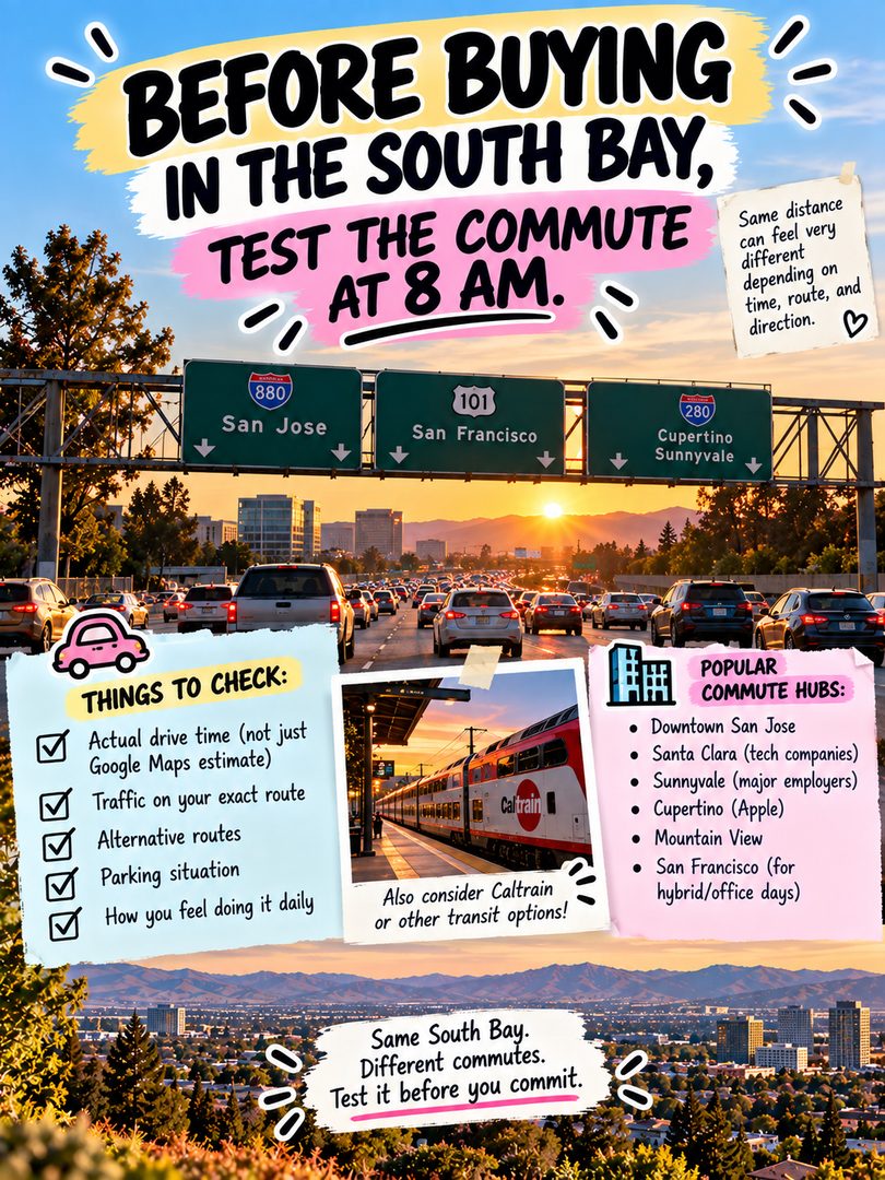 Before buying in the South Bay, test the commute at 8 AM. 🚗⏰

The same distance can feel completely different depending on the time, route, and direction. A 15 minute drive on Sunday can easily turn into 45 minutes on a Tuesday morning.

✅ Things to check before you commit:
Actual drive time (not just the Google Maps estimate), traffic on your exact route, alternative routes, the parking situation, and how you'd feel doing it every single day.

🏢 Popular commute hubs:
Downtown San Jose, Santa Clara, Sunnyvale, Cupertino, Mountain View, and San Francisco for hybrid office days.

🚆 Don't forget to look at Caltrain, VTA, and BART too. The right transit option can completely change which neighborhoods make sense for you.

Same South Bay. Different commutes. Test it before you commit. ❤️

Found a home you love but not sure about the drive? Send me a DM and I'll help you map out realistic commute times from any neighborhood you're looking at. 🤝

💬 What's your commute like right now? Be honest 😅👇

Linh Tran | Real Estate Advisor | eXp Realty | DRE #02312746

#SouthBayRealEstate #SanJoseRealEstate #BayAreaCommute #SiliconValleyRealEstate #HomeBuyingTips #FirstTimeHomeBuyer #BayAreaHomeBuyer #BayAreaTraffic #Caltrain #SanJoseHomes #BayAreaHomes #RealEstateTips #MovingToSanJose #SouthBayLiving #SanJoseRealtor