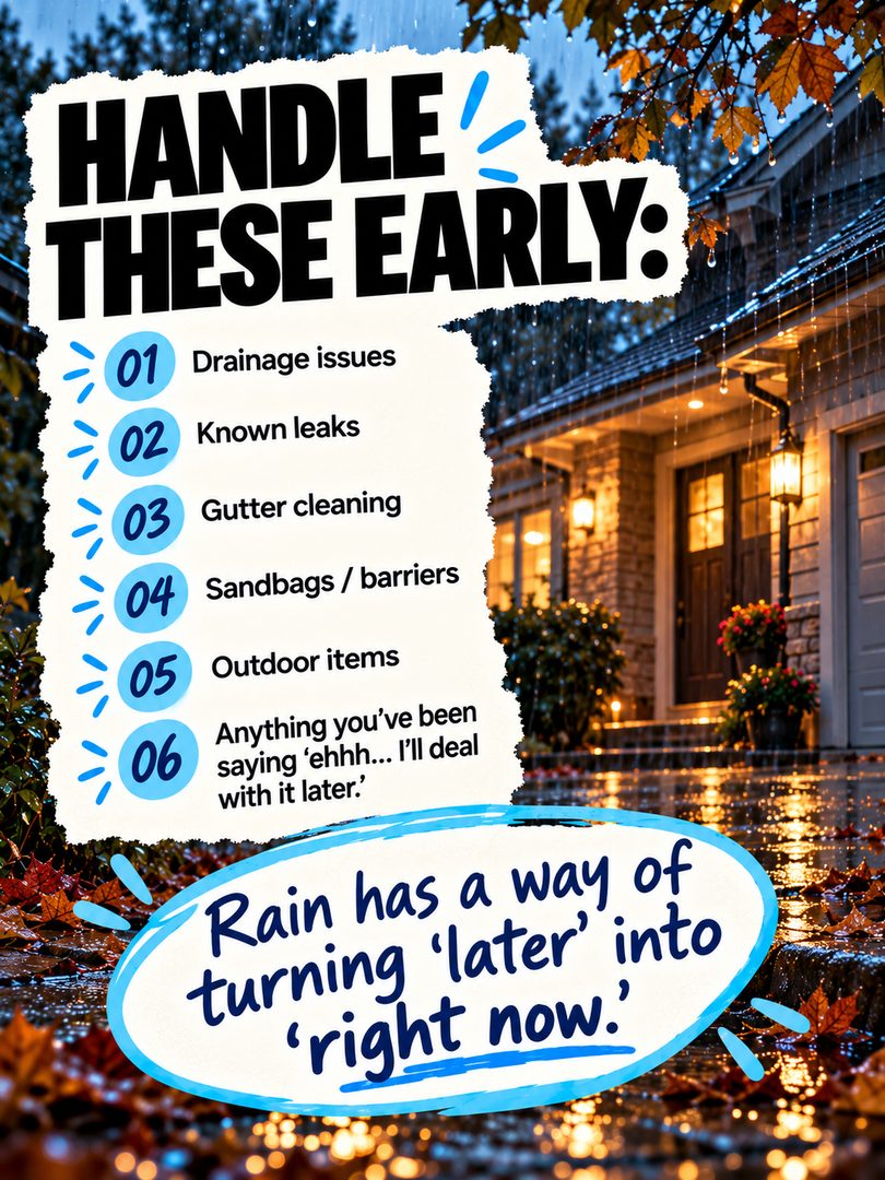San Jose homeowners: don’t wait until the rain starts to think about drainage. ☔️
Before the next storm, take 15 minutes to walk around your home and check the things that can turn into bigger problems fast: clogged drains, gutters full of leaves, downspouts sending water toward the foundation, low spots where water collects, and outdoor items sitting where they could get soaked.
If your garage, driveway, or entry has had water intrusion before, it’s also worth planning your sandbag or barrier setup early instead of scrambling once the rain is already here.
A little prep now can save you a much bigger headache later.
Save this San Jose rain-prep checklist for the next storm.
#SanJose #SanJoseRealEstate #SanJoseHomeowners #BayAreaRealEstate #BayAreaHomeowners #HomeMaintenance #RainPrep #StormPrep #HomeownerTips #SouthBayRealEstate #CaliforniaHomes #SanJoseHomes
