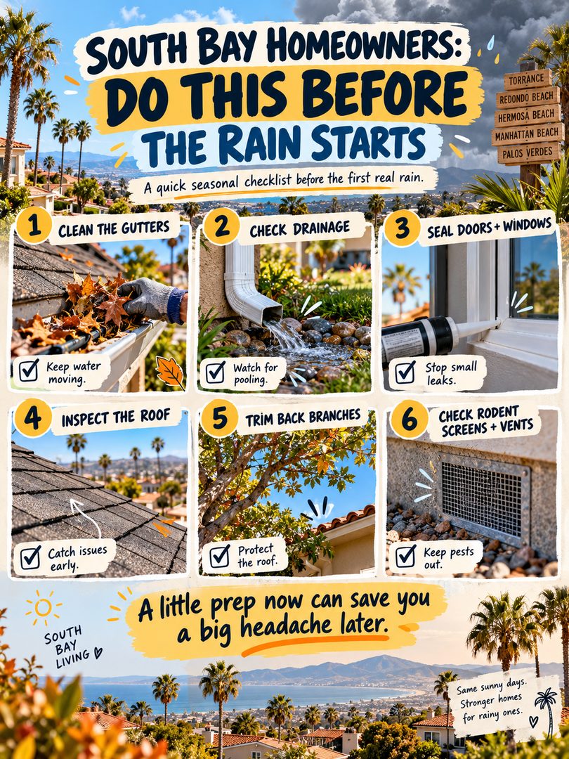 South Bay homeowners: do this before the rain starts 🌧️🏡

Our first real storm usually sneaks up on us. A quick checklist now can save you a big headache later:

1️⃣ Clean the gutters: keep water moving away from your home
2️⃣ Check drainage: make sure downspouts point away from the foundation and watch for pooling
3️⃣ Seal doors and windows: stop small leaks before they turn into big ones
4️⃣ Inspect the roof: look for missing or damaged shingles and catch issues early
5️⃣ Trim back branches: protect your roof and gutters from wind damage
6️⃣ Check rodent screens and vents: keep pests from moving in when it gets cold and wet

Same sunny days, stronger homes for the rainy ones. ☀️🌧️

Need a good roofer, gutter cleaner, or handyman? I'm happy to share vendors my clients have trusted. Just send me a DM. 🤝

💾 Save this for later and share it with a homeowner friend.

Linh Tran | Real Estate Advisor | eXp Realty | DRE #02312746

#SouthBayHomeowners #SanJoseHomeowners #HomeMaintenanceTips #RainySeasonPrep #FallHomeMaintenance #HomeownerTips #BayAreaHomes #SanJoseHomes #SiliconValleyHomes #HomeCare #SanJoseRealEstate #SouthBayRealEstate #BayAreaLiving #SanJoseRealtor #HomeMaintenanceChecklist