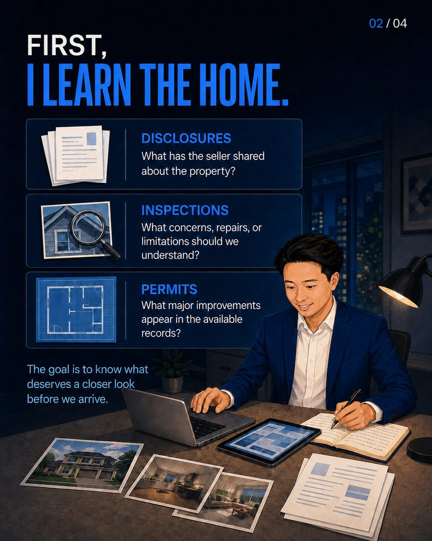 Most showings start before I meet my buyer at the house. 🏠

I review disclosures, inspections, permit information, and recent sales so we know what deserves a closer look.

Save this for your next home tour. What would you want your agent to review first?

Linh Tran
📱 510.777.6976
📧 Linh@fastagents.com
🏆 #TeamFast | eXp Realty