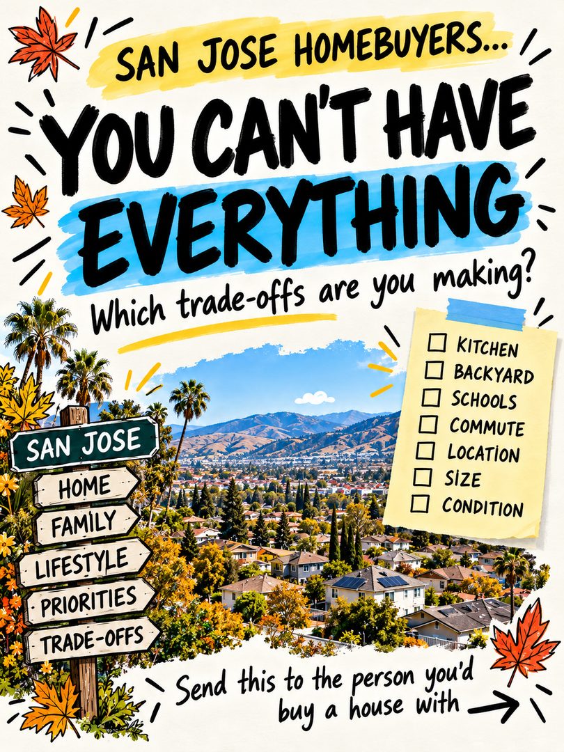 San Jose homebuyers: you probably can’t have everything… so what are you willing to trade off? 👀
Would you choose:
Renovated kitchen or bigger backyard?
Preferred school area or shorter commute?
Bigger house or better location?
Turnkey or fixer with more potential?
Quiet street or walkable location?
These are the kinds of decisions that come up constantly when buying a home in San Jose and the South Bay — especially when price, location, lot size, commute, condition, and lifestyle all compete with each other.
Your answers usually reveal what actually matters most in your home search.
Send this to the person you’d buy a house with and compare answers 😂
#SanJoseRealEstate #SanJoseHomes #SanJoseHomeBuyer #SanJoseRealtor #SouthBayRealEstate #SouthBayHomes #SouthBayRealtor #BayAreaRealEstate #BayAreaHomes #BayAreaHomeBuyer #HomeBuyingTips #FirstTimeHomeBuyer #HouseHunting #HomeBuyerTips #SanJoseCA #SiliconValleyRealEstate #SiliconValleyHomes #CaliforniaRealEstate #RealEstateTips #HomeSearch
