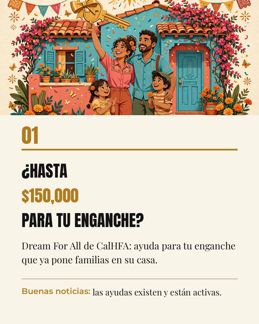 ¿Sabías que California tiene ayudas para tu enganche de hasta $150,000? 🏡

El programa Dream For All de CalHFA ayuda con hasta el 20% del precio de la casa (máx. $150,000), sin pagos mensuales — se devuelve al vender o refinanciar. La ronda 2026 ya entregó sus vouchers y hay 1,000-1,500 familias comprando con ellos ahora mismo.

Y hay más: programas como WISH (match 4-a-1, hasta $32,000+) y MDPA (hasta $50,000) del FHLBank San Francisco también ayudan con el enganche.

Cada programa tiene sus reglas, así que revisemos junt@s cuál podría aplicarte. Escríbeme «dream» y lo vemos en tu caso 💛

Fuentes: CalHFA, boletín del programa n.º 2026-04, 21 mayo 2026; FHLBank San Francisco, 2026.

#RealEstateLatina #PrimerComprador #Enganche #EastBay #TuAgenteDeConfianza