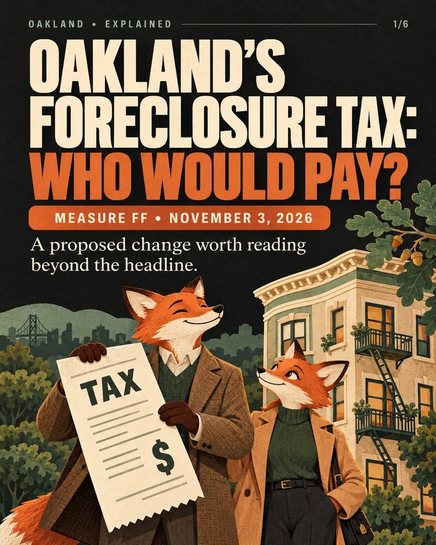 Oakland’s Measure FF is about who qualifies for a foreclosure-related transfer-tax exception.

It would keep existing tax rates while narrowing the general foreclosure exception. One proposed exception depends on BOTH the property and the recipient: four or fewer residential units transferred to a natural person or family trust.

Other exceptions have their own conditions. The measure would also let City Council amend the foreclosure-related exceptions by ordinance.

This is a proposal on the November 3, 2026 ballot. If approved by a majority, it would take effect January 1, 2027.

My view: before calling an Oakland investment a deal, understand the property, ownership structure, transaction and costs. A headline cannot do that work for you.

Save this checklist before evaluating a foreclosure purchase. This is a neutral explainer, not a voting recommendation.

Oliver Davis
French-American real estate agent
Fast Real Estate / eXp Realty
English + français • DRE #01996487

#OaklandRealEstate #OaklandCalifornia #EastBayRealEstate #RentalProperty #RealEstateInvesting #OliverDavis