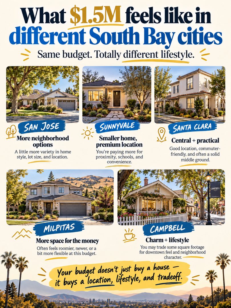 What does $1.5M actually get you in the South Bay? 🏡💰

Same budget, totally different lifestyle depending on where you land:

🌳 San Jose: more neighborhood options, with more variety in home style, lot size, and location
☀️ Sunnyvale: a smaller home in a premium location, paying for proximity, schools, and convenience
📍 Santa Clara: central and practical, a solid middle ground for commuters
⛰️ Milpitas: more space for the money, often roomier or newer at this price point
☕ Campbell: charm and lifestyle, trading some square footage for that downtown feel

Your budget doesn't just buy a house. It buys a location, a lifestyle, and a tradeoff. The key is knowing which tradeoff fits your life.

If you're house hunting in the South Bay and not sure which city makes the most sense for your budget, send me a DM. Happy to walk you through what's realistic in each area. 🤝

💬 Which city would you pick at $1.5M? Comment below 👇

Linh Tran | Real Estate Advisor | eXp Realty | DRE #02312746

Hashtags

#SouthBayRealEstate #SanJoseRealEstate #BayAreaHomes #SiliconValleyRealEstate #SanJoseHomes #SunnyvaleHomes #SantaClaraRealEstate #MilpitasHomes #CampbellCA #BayAreaHomeBuyer #FirstTimeHomeBuyer #HomeBuyingTips #BayAreaHousingMarket #MovingToSanJose #SanJoseRealtor