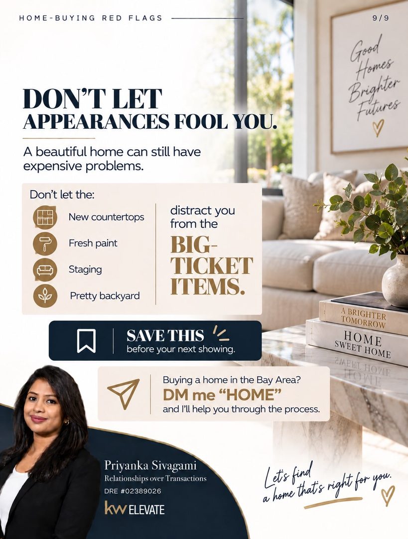 🚩 7 home-buying red flags you DON’T want to ignore
A home can have a gorgeous kitchen, fresh paint, beautiful staging… and still be hiding some very expensive problems. 👀🏡
Before you fall in love with a home, pay attention to:
💧 Drainage issues
🏠 Stucco cracks & staining
💦 Signs of leaks
🪟 Window problems
🌡️ Aging HVAC systems
🏚️ Roof condition
🔍 Moisture & mold-like growth
Some of these issues may be minor but others can turn into thousands of dollars in repairs.
That’s why inspections, disclosures, and asking the right questions matter so much before you buy.
📌 SAVE this post and pull it up at your next home showing.
Buying a home in the Bay Area and want someone helping you look beyond the pretty finishes?
DM me “HOME” and let’s talk. 🤍
Priyanka Sivagami
Relationships over Transactions
DRE #02389026
KW Elevate