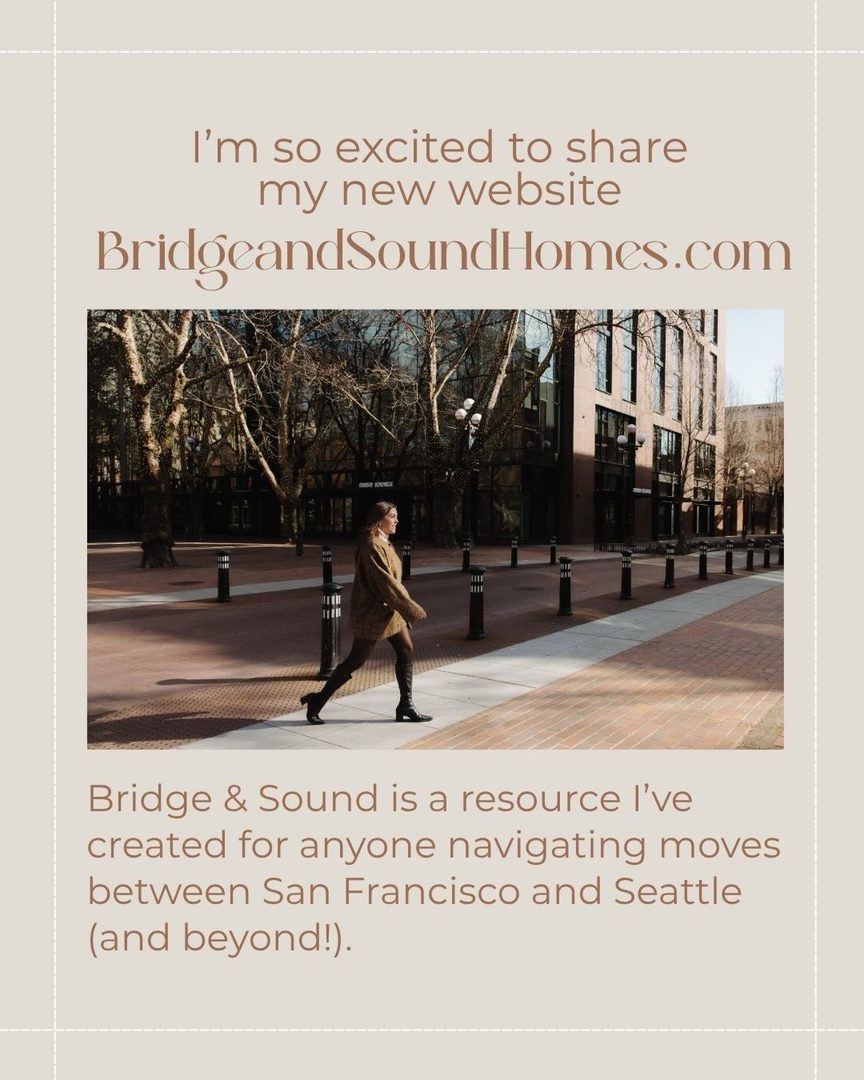 I’m so excited to share my new website BridgeandSoundHomes.com! 🌁🌅 

Over the past year, I’ve been focused on learning the San Francisco real estate market and continuing to help clients navigate buying, selling, and relocating. Bridge & Sound is a resource I’ve created for anyone navigating moves between San Francisco and Seattle (and beyond!). I’m having so much fun with my blogging journey here (more posts coming soon). Take a look and see if there are any topics you’d like me to cover! 

Here are a few ways we can work together: 

💫 Relocating Between SF & Seattle
Moving between San Francisco and Seattle? I have lived and worked in both cities and know 
both markets inside and out.

💫 Finding You the Right Agent, Anywhere
Not moving to SF or Seattle? No problem. I have a nationwide network of vetted agents and will match you with the right fit for your city and your situation.

💫 Buying or Selling in San Francisco
Already in SF or headed here? I’m a licensed real estate agent in California and know the San Francisco market firsthand.

If you’re thinking about making a move, exploring your options, or simply have questions about the market, I’d be happy to help. You can learn more at my website, send me a DM, or reach out directly by phone or email anytime.

Follow my link in bio to check out BridgeandSoundHomes.com 🔗

San Francisco Real Estate Agent Amber Arnall
253-579-6706
Amber@SocietyNW.com

Amber Arnall is a licensed real estate broker with Corcoran Icon Properties in San Francisco DRE # 02275788 and is also a Referral Agent with CBR Referral Network