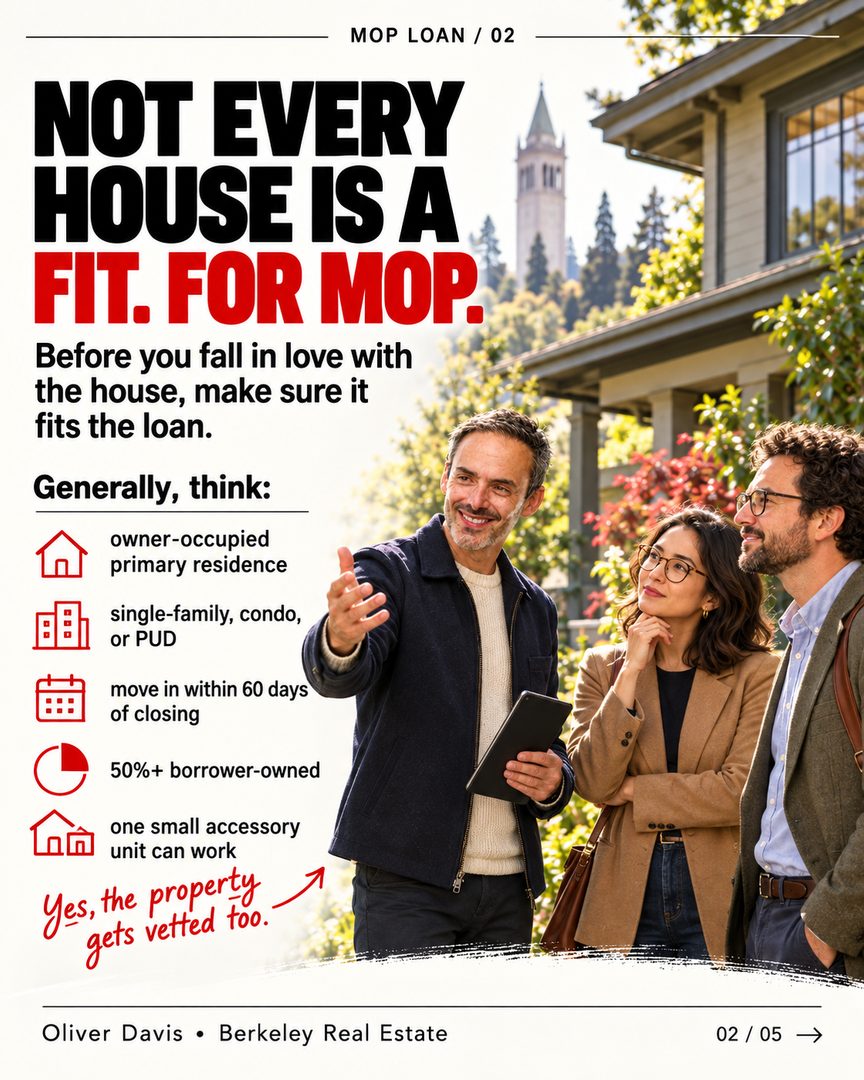 🏡 Found a home you love? Before you start picturing where the furniture goes… there's something worth checking. 👀

If you're buying a home, you probably have a few things on your mind: the location, the price, the monthly payment, and whether the house feels right.

But have you thought about whether **the home itself meets your loan's requirements?**

That's something buyers don't always think about until they're already deep into the process.

And if you're using a **UC MOP loan**, there are a few extra details worth knowing.

🔑 Not every property is eligible.
🔍 Inspections and repairs can affect your financing.
📋 Even the wording of seller credits can make a difference.

And here's the thing… finding the right house is only part of it. Making sure everything lines up *before* you write an offer can save you some pretty frustrating surprises later.

**Wouldn't you rather know what to look for before you've already fallen in love with the place?** 😉

Swipe through for a few things worth knowing before your next home tour. 👉

And whether you're just starting to explore your options or getting ready to make an offer, feel free to reach out. Always happy to talk things through.

**Oliver Davis | Fast Real Estate / eXp Realty**
📞 628-259-8398 | oliver@soldbyod.com

#berkeleyrealestate #eastbayhomes #bayarearealestate #ucberkeley #moploans #faculty #homebuyingtips #berkeleyhomes