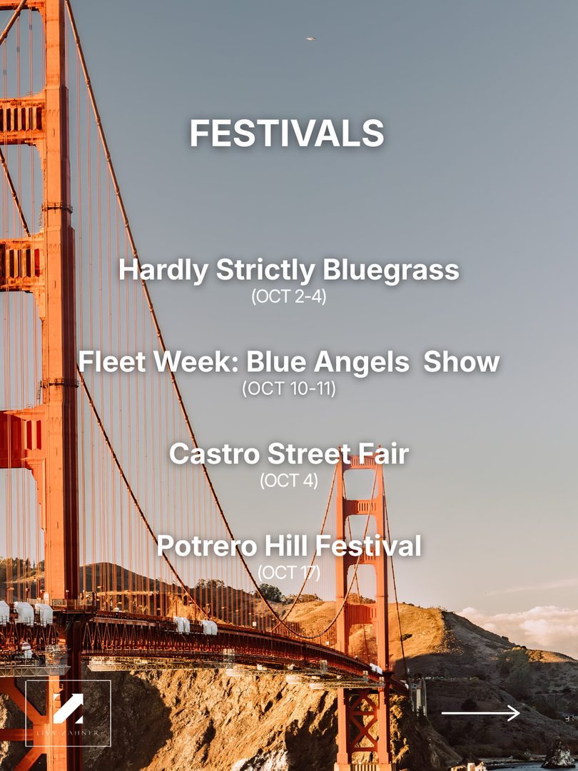 Fall is here — and in San Francisco, that means the calendar fills up fast.
October brings some of the city’s most beloved traditions, and you’ll want a game plan to catch them all.
Fleet Week over the Bay. Free music in Golden Gate Park. North Beach doing what North Beach does best. And my favorite part: every neighborhood, from the Castro to Potrero Hill, throws open its doors and celebrates in its own way.
(Hardly Strictly: banjos + a strong bass line? Yes, please!)
I pulled together the events I think truly capture this city — swipe through, save them for your weekends, and go enjoy the San Francisco we love.
Thinking about calling one of these neighborhoods home? DM me — I know these streets block by block, and love every one!🌉
