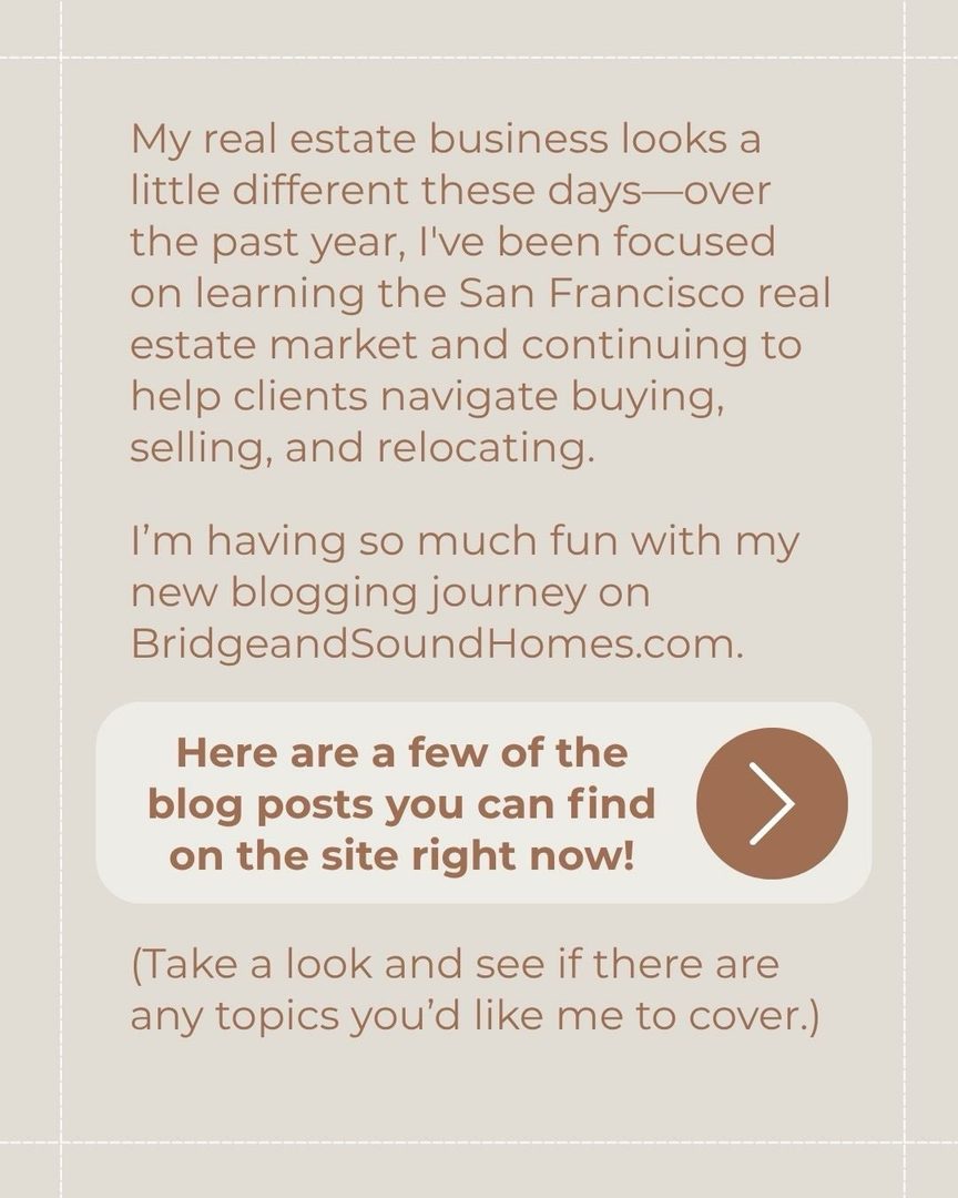 I’m so excited to share my new website BridgeandSoundHomes.com! 🌁🌅 

Over the past year, I’ve been focused on learning the San Francisco real estate market and continuing to help clients navigate buying, selling, and relocating. Bridge & Sound is a resource I’ve created for anyone navigating moves between San Francisco and Seattle (and beyond!). I’m having so much fun with my blogging journey here (more posts coming soon). Take a look and see if there are any topics you’d like me to cover! 

Here are a few ways we can work together: 

💫 Relocating Between SF & Seattle
Moving between San Francisco and Seattle? I have lived and worked in both cities and know 
both markets inside and out.

💫 Finding You the Right Agent, Anywhere
Not moving to SF or Seattle? No problem. I have a nationwide network of vetted agents and will match you with the right fit for your city and your situation.

💫 Buying or Selling in San Francisco
Already in SF or headed here? I’m a licensed real estate agent in California and know the San Francisco market firsthand.

If you’re thinking about making a move, exploring your options, or simply have questions about the market, I’d be happy to help. You can learn more at my website, send me a DM, or reach out directly by phone or email anytime.

Follow my link in bio to check out BridgeandSoundHomes.com 🔗

San Francisco Real Estate Agent Amber Arnall
253-579-6706
Amber@SocietyNW.com

Amber Arnall is a licensed real estate broker with Corcoran Icon Properties in San Francisco DRE # 02275788 and is also a Referral Agent with CBR Referral Network