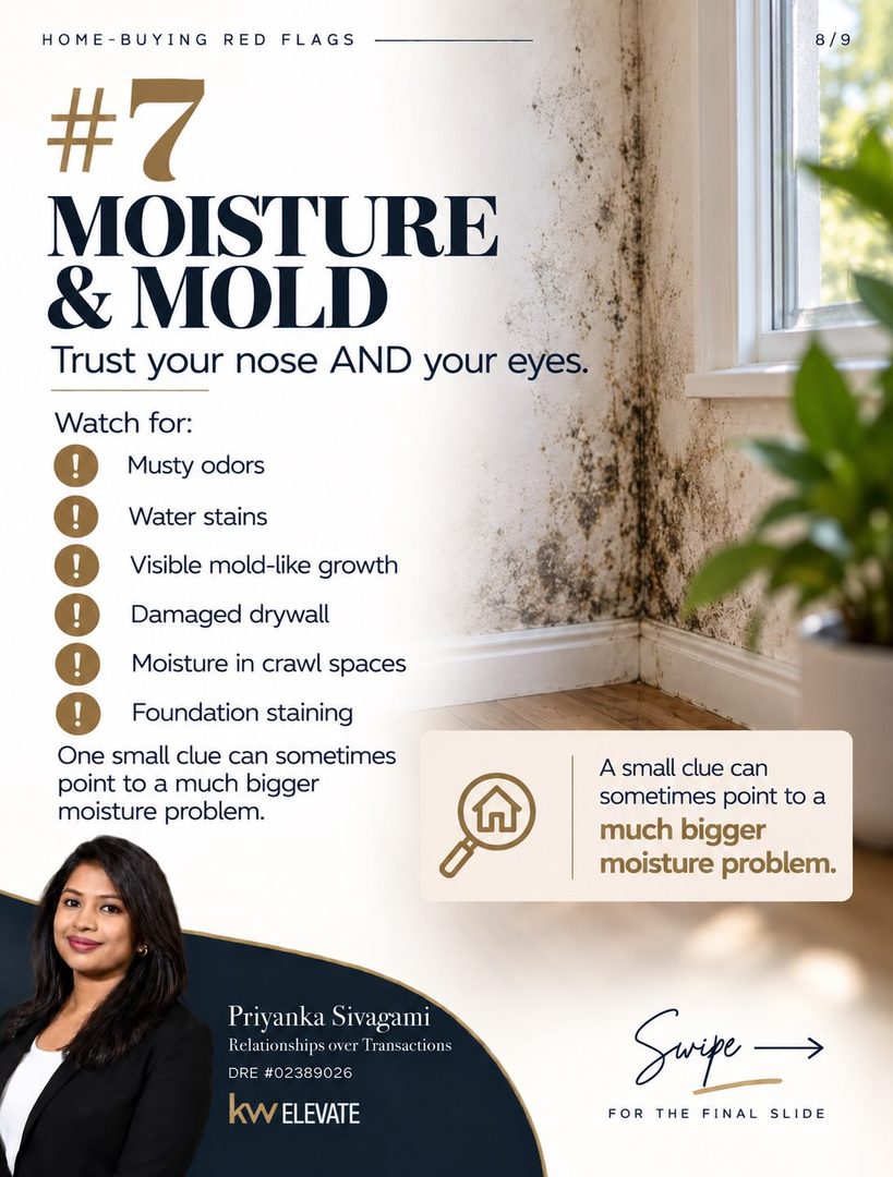 🚩 7 home-buying red flags you DON’T want to ignore
A home can have a gorgeous kitchen, fresh paint, beautiful staging… and still be hiding some very expensive problems. 👀🏡
Before you fall in love with a home, pay attention to:
💧 Drainage issues
🏠 Stucco cracks & staining
💦 Signs of leaks
🪟 Window problems
🌡️ Aging HVAC systems
🏚️ Roof condition
🔍 Moisture & mold-like growth
Some of these issues may be minor but others can turn into thousands of dollars in repairs.
That’s why inspections, disclosures, and asking the right questions matter so much before you buy.
📌 SAVE this post and pull it up at your next home showing.
Buying a home in the Bay Area and want someone helping you look beyond the pretty finishes?
DM me “HOME” and let’s talk. 🤍
Priyanka Sivagami
Relationships over Transactions
DRE #02389026
KW Elevate