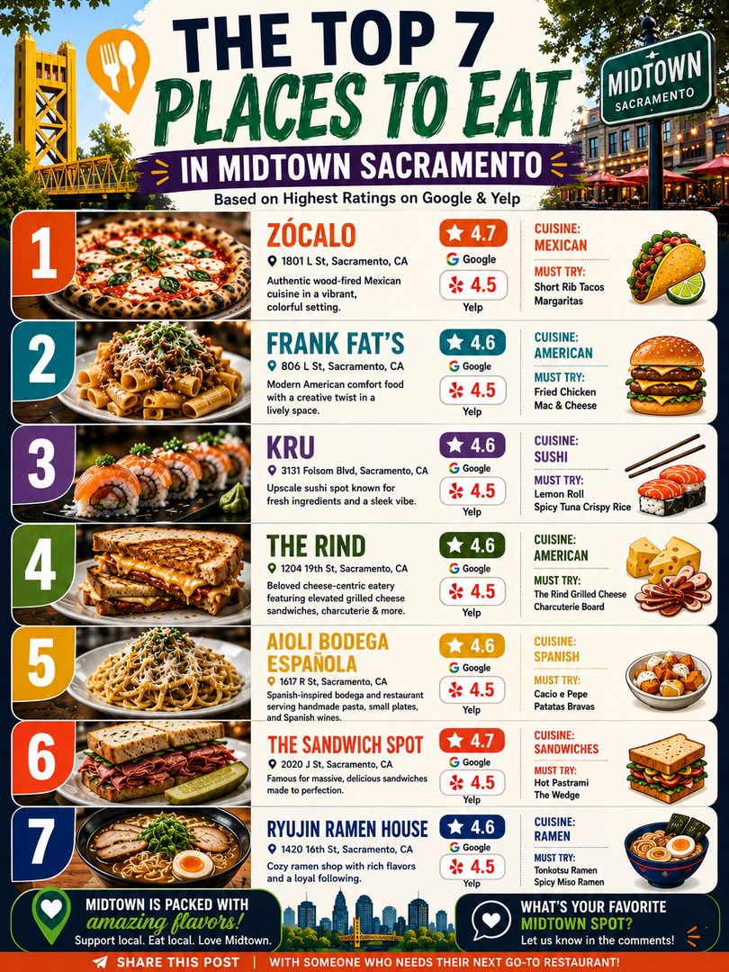 🍽️ Looking for the best restaurants in Midtown Sacramento? Whether you’re new to the city, visiting Sacramento, or searching for your next date night, these are some of the highest-rated restaurants that consistently earn rave reviews from locals and visitors alike.
From fresh sushi and handmade pasta to authentic Mexican cuisine, legendary sandwiches, burgers, and comforting ramen, Midtown Sacramento has become one of Northern California’s top foodie destinations.
📍Featured restaurants:
• Zócalo
• Frank Fat’s
• Kru Contemporary Japanese Cuisine
• The Rind
• Aioli Bodega Española
• The Sandwich Spot
• Ryujin Ramen House
đź’¬ Have you been to any of these? Which restaurant deserves the #1 spot in Midtown Sacramento?
👇 Comment your favorite dish below, and tag someone who’s always looking for the next great place to eat!
📌 Save this post for your next Midtown food adventure.
📤 Share it with a friend who loves discovering local restaurants.