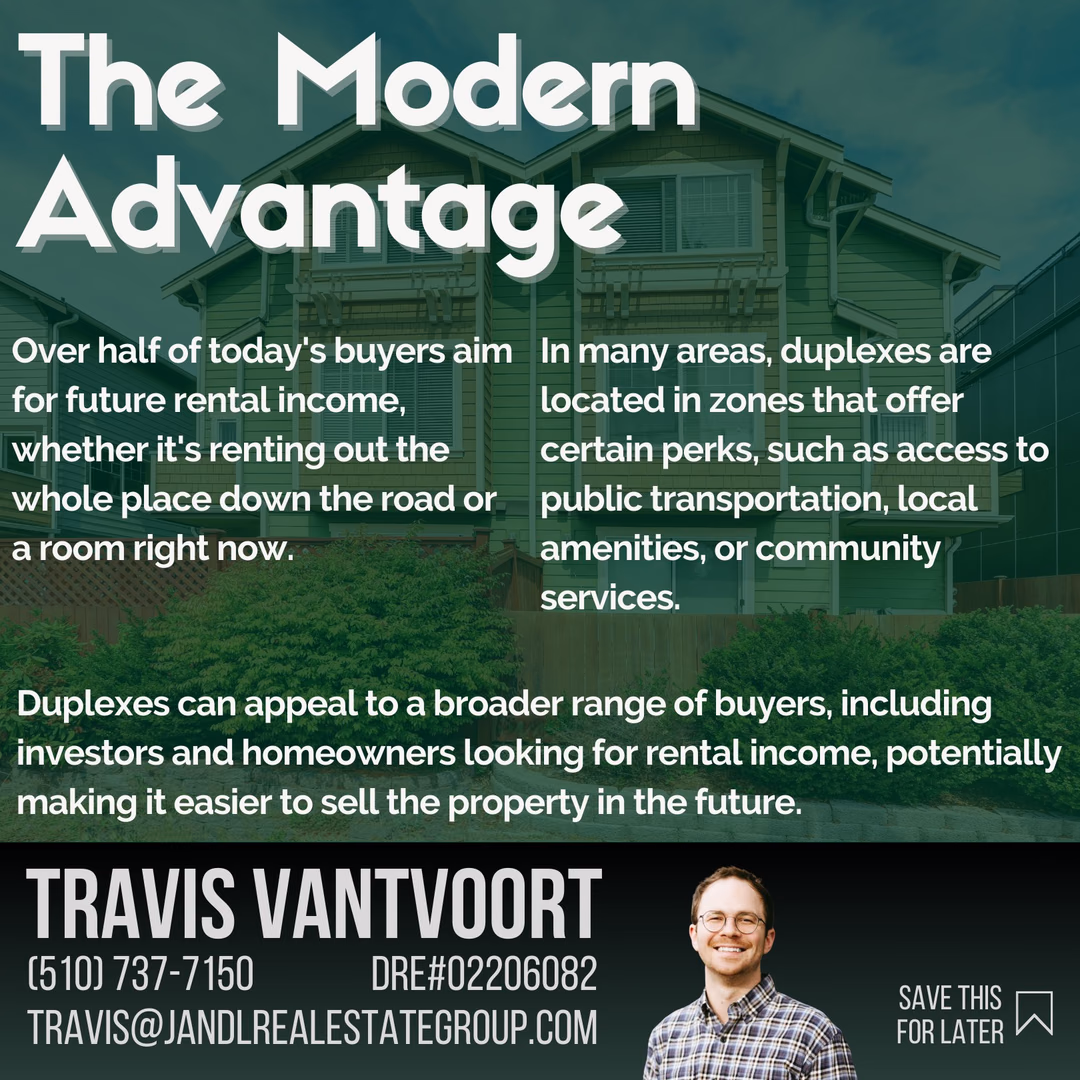 Find Financial Freedom with Duplex Living! 
Embrace the 'House Hacking' trend—where folks turn their homes into income-generating assets. From rental income to mortgage perks, discover the keys to a brighter financial future. Let me show you the duplex advantage!

#BayAreaRealEstate #PersonalFinance #HouseHacks #CostOfLiving