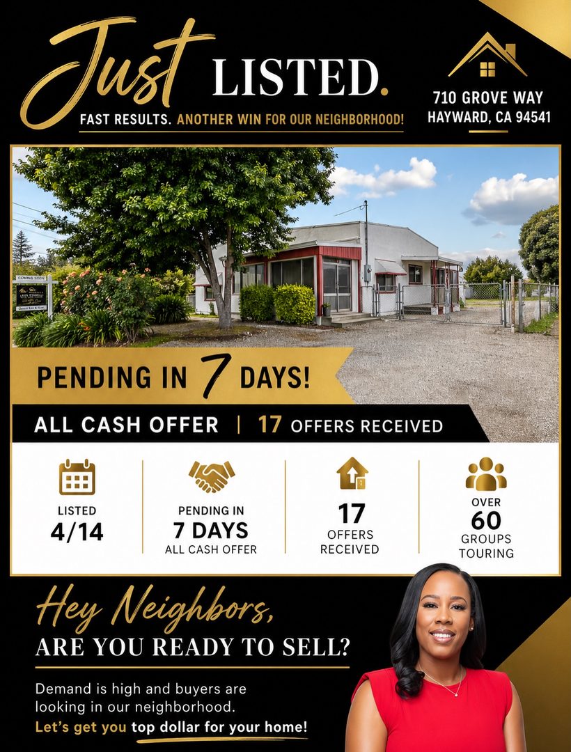 ✨ JUST LISTED → PENDING IN 7 DAYS ✨

710 Grove Way, Hayward, CA 94541 went pending in just 7 days with an ALL CASH offer! 💰🏡

✔️ 17 Offers Received
✔️ Over 60 Groups Toured
✔️ Strong Buyer Demand
✔️ Top Dollar Results for My Seller

This is exactly why strategy, marketing, and local expertise matter. Buyers are actively looking in this neighborhood, and inventory is still creating strong opportunities for sellers.

📍Hayward neighbors — have you been thinking about selling?
Now may be the perfect time to maximize your home’s value.

Let’s talk about what your home could sell for in today’s market.

Erica Webster real estate agent MBA 
Realty One Group Elite 
DRE: 02151847
☎️ 510-356-7690
📧 Ericawebsterrealty@gmail.com
💻 Ericawebster.myrealtyonegroup.com