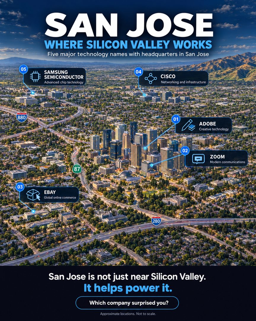 San Jose is not just near Silicon Valley. Some of technology’s biggest names actually call the city home. 💻
Adobe, Cisco, Zoom, eBay, and Samsung Semiconductor are all part of the technology ecosystem shaping San Jose California, its economy, and its continuing evolution.
Whether you’re exploring Silicon Valley, Living in San Jose, or following a San Jose local guide, these San Jose technology companies help tell the city’s story.
Which company surprised you?
—
Linh Tran
📱 510.777.6976
📧 Linh@fastagents.com
🏆 #TeamFast | eXp Realty