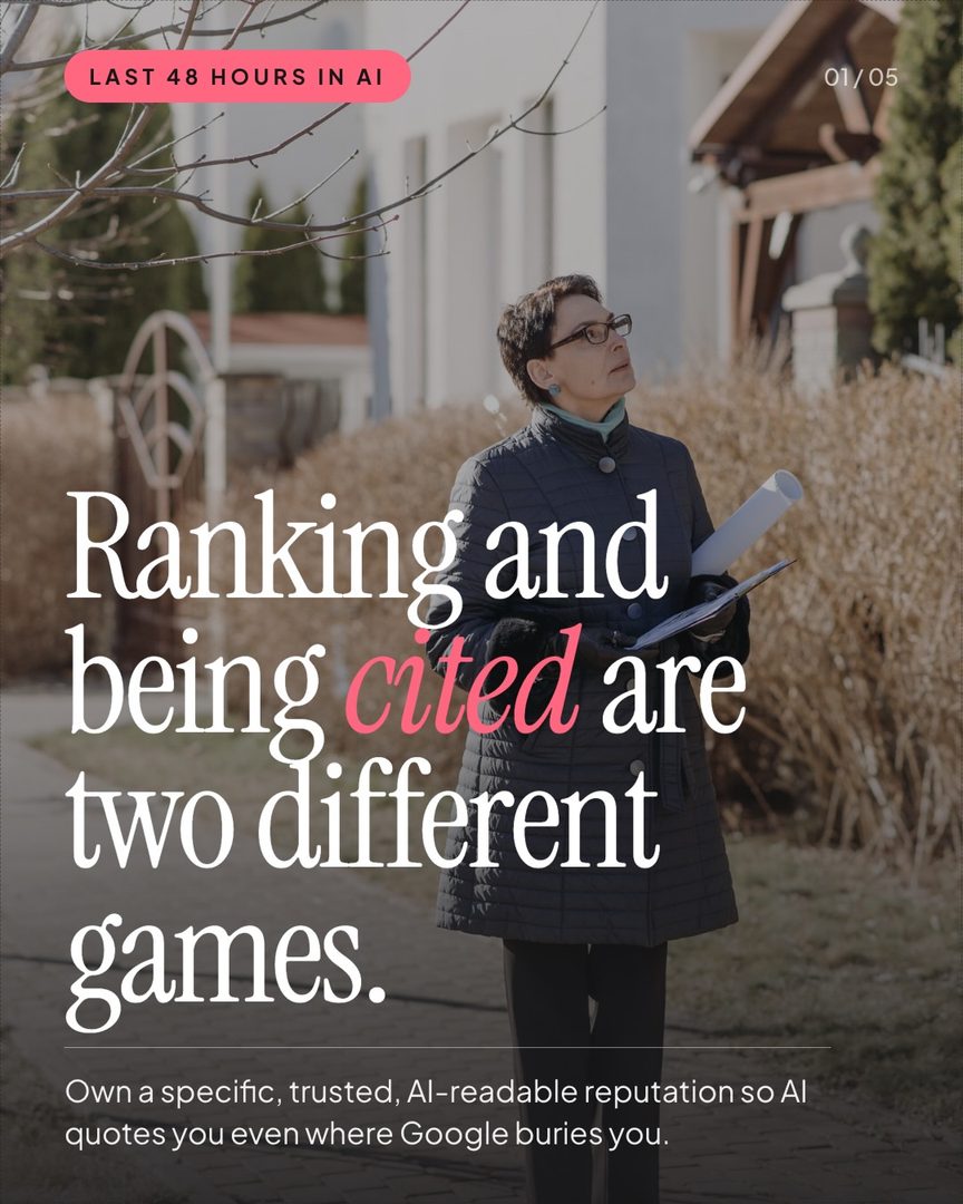 AI now decides who gets recommended.
Ranking first in Google used to be the whole game. It is not the game an answer engine plays: about 90% of the time ChatGPT cites pages sitting at position 21 or lower. It is optimising for the best answer, not the highest rank.
Own a specific, trusted, AI-readable reputation and be the pro AI names first in your niche and your town.
🔗 comment GUIDE to get your Guide to AI Visibility!
—
Catchouse · helping professionals get found in the age of AI
catchouse.app · catchouse.com
#AISearch #LocalSEO #ContentStrategy #RealEstateMarketing #AnswerEngine