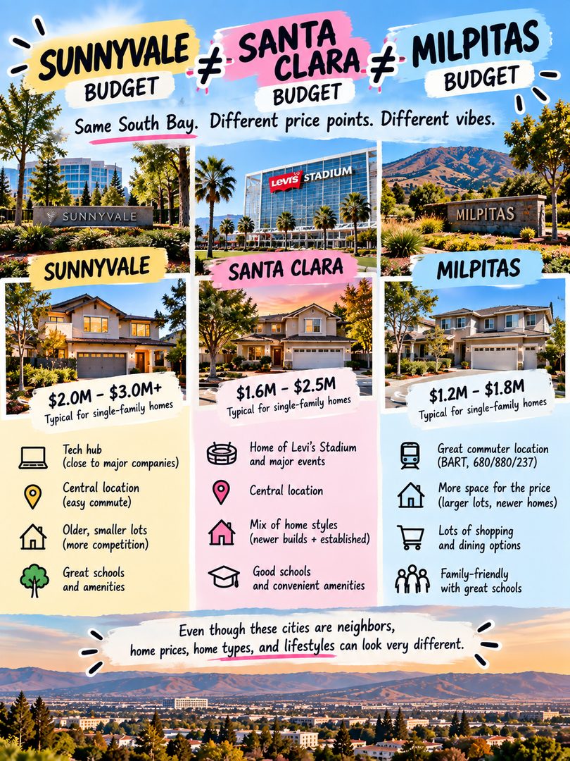 Sunnyvale budget ≠ Santa Clara budget ≠ Milpitas budget 🏡💰

Same South Bay. Different price points. Different vibes.

☀️ Sunnyvale: tech hub, central location, great amenities. Older homes on smaller lots with a lot of competition.

🏟️ Santa Clara: home of Levi's Stadium, central location, and a mix of newer builds and established homes.

🚆 Milpitas: great commuter spot with BART and quick access to 680, 880, and 237. More space for the price, newer homes, and lots of shopping and food.

Even though these cities sit right next to each other, home prices, home types, and lifestyles can look very different. Knowing the tradeoffs early can save you months of searching.

Want to see what your budget actually gets you in each city? Send me a DM and I'll pull current listings for you. 🤝

💬 Which city fits your budget and lifestyle best? 👇

Linh Tran | Real Estate Advisor | eXp Realty | DRE #02312746

#SunnyvaleRealEstate #SantaClaraRealEstate #MilpitasRealEstate #SouthBayRealEstate #SiliconValleyRealEstate #BayAreaHomes #BayAreaHousingMarket #HomeBuyingTips #FirstTimeHomeBuyer #BayAreaHomeBuyer #SunnyvaleHomes #MilpitasHomes #SantaClaraHomes #SanJoseRealtor #SouthBayLiving