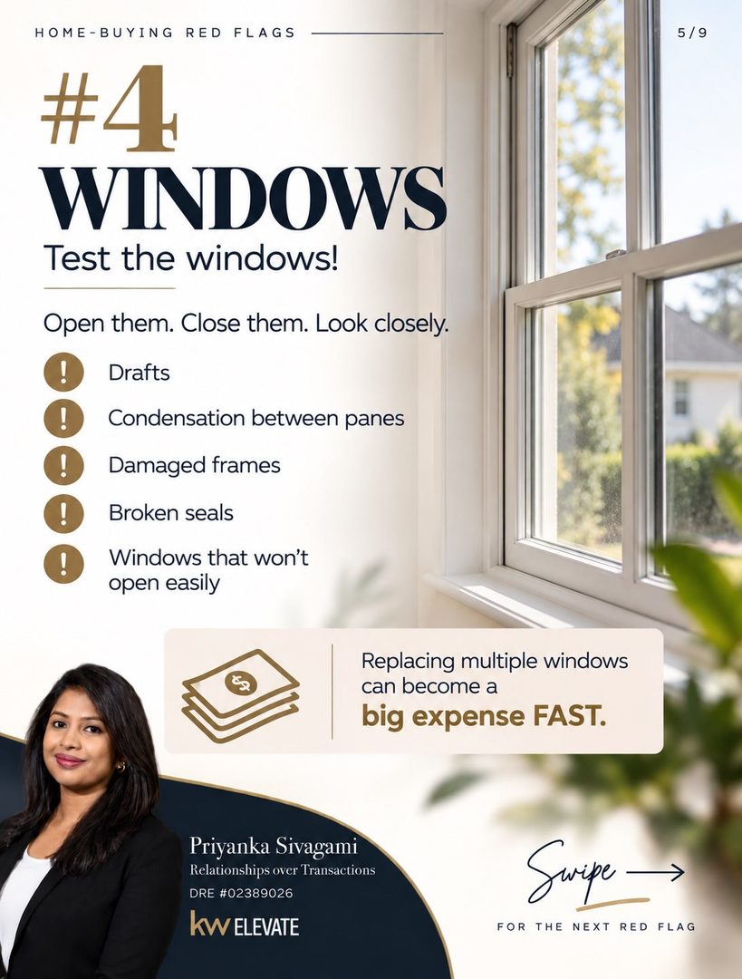 🚩 7 home-buying red flags you DON’T want to ignore
A home can have a gorgeous kitchen, fresh paint, beautiful staging… and still be hiding some very expensive problems. 👀🏡
Before you fall in love with a home, pay attention to:
💧 Drainage issues
🏠 Stucco cracks & staining
💦 Signs of leaks
🪟 Window problems
🌡️ Aging HVAC systems
🏚️ Roof condition
🔍 Moisture & mold-like growth
Some of these issues may be minor but others can turn into thousands of dollars in repairs.
That’s why inspections, disclosures, and asking the right questions matter so much before you buy.
📌 SAVE this post and pull it up at your next home showing.
Buying a home in the Bay Area and want someone helping you look beyond the pretty finishes?
DM me “HOME” and let’s talk. 🤍
Priyanka Sivagami
Relationships over Transactions
DRE #02389026
KW Elevate