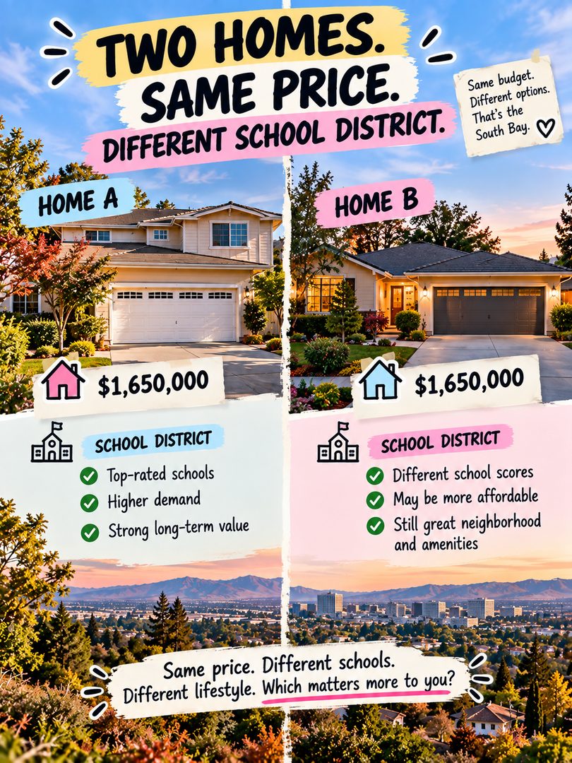 Two homes. Same price. Different school district. 🏡🏫

Here's something a lot of South Bay buyers don't realize until they start touring:

🏠 Home A: in a higher demand school district. Often means more competition, and your budget may get you less house.
🏠 Home B: in a different district. Your same budget might get you more space, a bigger lot, or a more updated home, with a great neighborhood and amenities.

Neither one is the "right" answer. It depends on what matters most to you and your plans for the next 5 to 10 years.

Same price. Different schools. Different lifestyle. Which matters more to you? 🤔

If school districts are part of your home search, send me a DM. I'll help you compare homes side by side so you can make the call that fits your life. 🤝

💬 Home A or Home B? Tell me why 👇

School boundaries and ratings change. Always verify directly with the school district.

Linh Tran | Real Estate Advisor | eXp Realty | DRE #02312746

Hashtags

#SouthBayRealEstate #SanJoseRealEstate #SchoolDistrict #BayAreaHomes #HomeBuyingTips #FirstTimeHomeBuyer #BayAreaHomeBuyer #SiliconValleyRealEstate #SanJoseHomes #CupertinoHomes #BayAreaHousingMarket #RealEstateTips #SouthBayLiving #MovingToSanJose #SanJoseRealtor