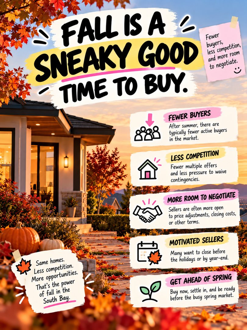 Fall is a sneaky good time to buy. 🍂🏡

Most people wait for spring to start their home search. But fall can quietly be one of the best times to make a move:

👥 Fewer buyers: after summer, there are typically fewer active buyers in the market
🏠 Less competition: often fewer multiple offers and less pressure to waive contingencies
🤝 More room to negotiate: sellers can be more open to price adjustments, closing cost credits, or other terms
📅 Motivated sellers: many want to close before the holidays or by year end
🌱 Beat the spring rush: buy now and be settled in before competition picks back up

Same homes. Less competition. More opportunities. That's the power of fall in the South Bay. 😉

Every market moves differently, so let's look at what's actually happening in the neighborhoods you're considering. Send me a DM and I'll walk you through it. 🤝

💬 Would you rather buy in fall or wait for spring? 👇

Linh Tran | Real Estate Advisor | eXp Realty | DRE #02312746

#FallHomeBuying #SouthBayRealEstate #SanJoseRealEstate #SiliconValleyRealEstate #BayAreaHomes #HomeBuyingTips #FirstTimeHomeBuyer #BayAreaHomeBuyer #BayAreaHousingMarket #RealEstateTips #SanJoseHomes #BuyersMarket #MovingToSanJose #SouthBayLiving #SanJoseRealtor