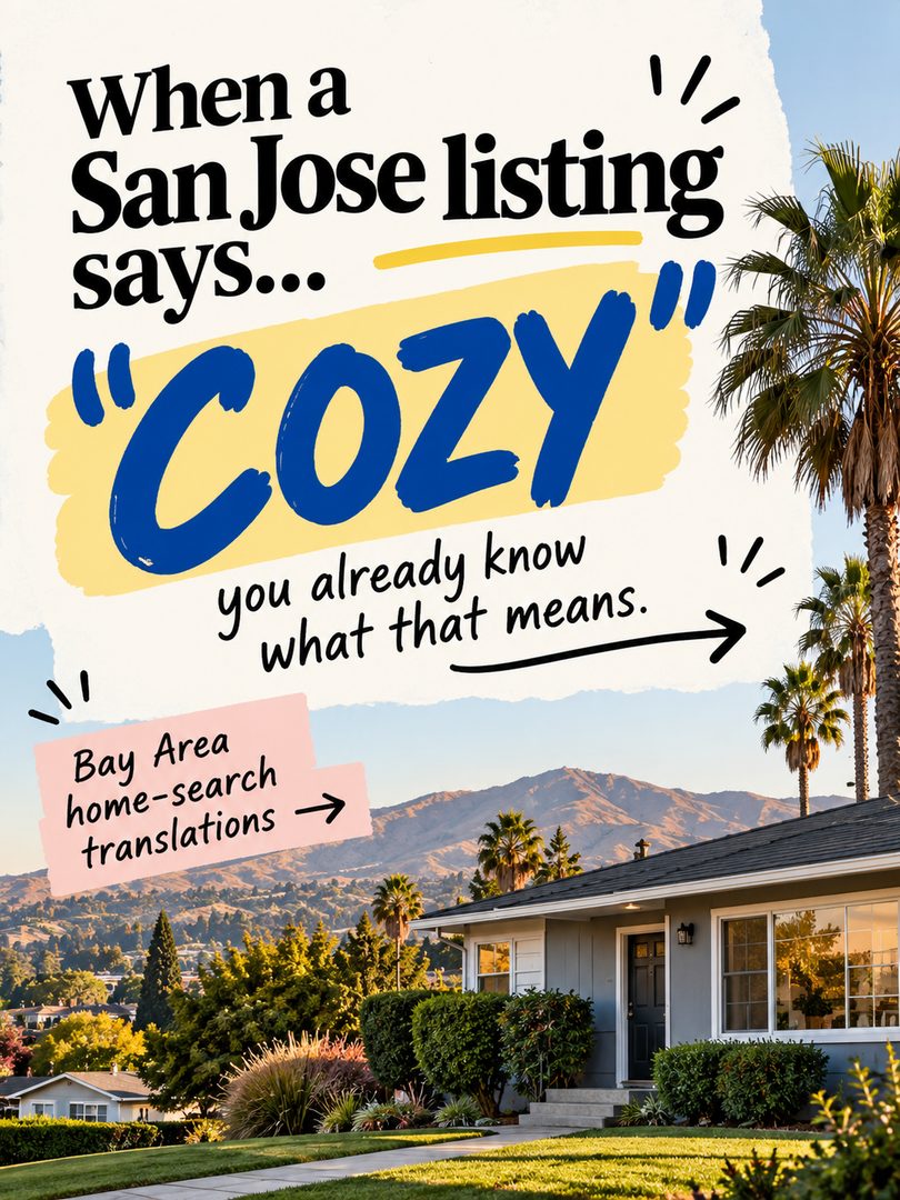 San Jose real estate listings definitely have their own language 😂
“Cozy.”
“Lots of potential.”
“Updated.”
“Minutes from everything.”
After you look at enough Bay Area homes, you start learning what some of these phrases might actually mean.
Of course, every home is different — but this is your reminder to look past the listing description and pay attention to the layout, condition, permits, updates, lot, and what would actually work for your lifestyle.
Sometimes the right home just needs a little imagination… and sometimes “cozy” really does mean cozy.
Which real estate listing phrase makes you suspicious every time? 👀
Send this to your Bay Area home-search partner.