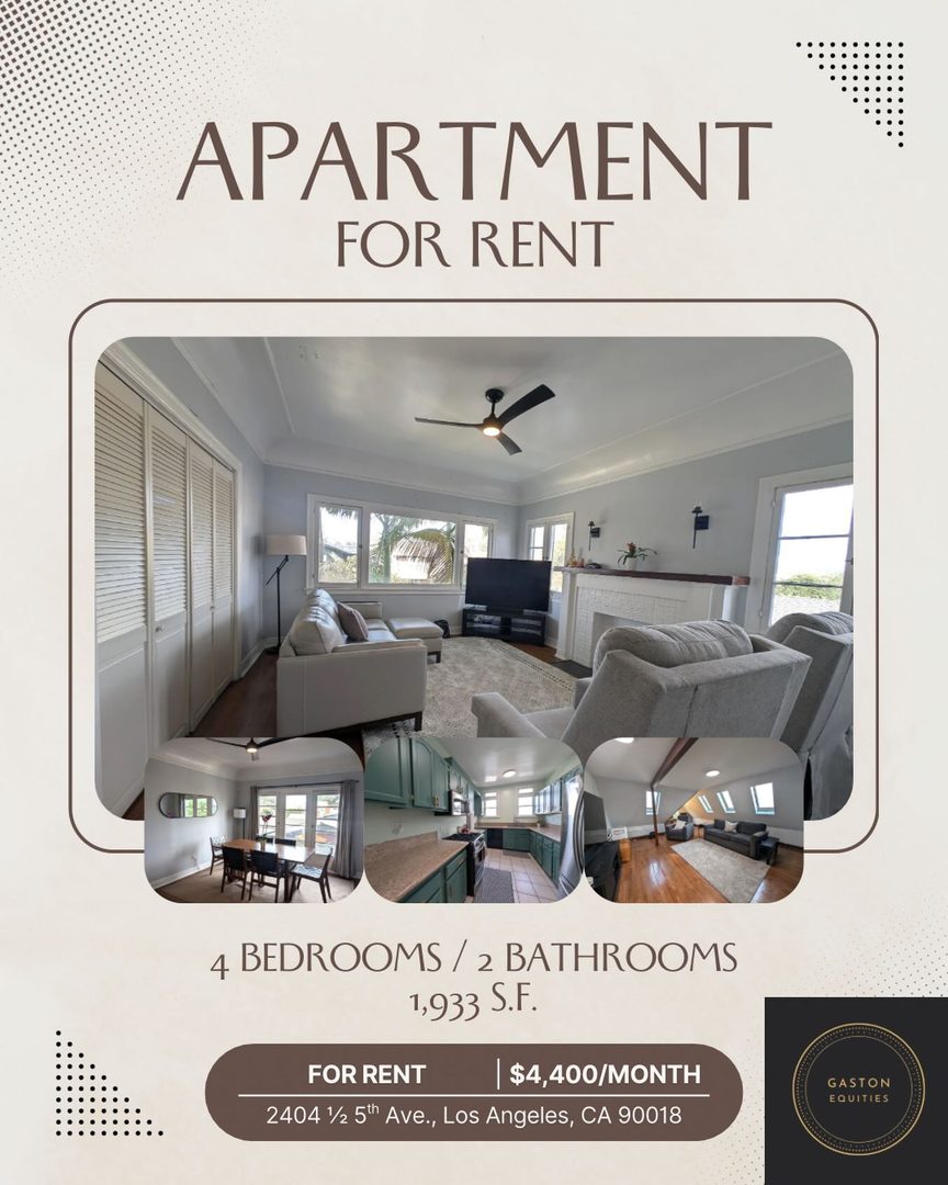 Spacious 4-Bed/2-Bath, 1,933 Sq Ft, Gem in the Heart of LA! Welcome home to 2404 1/2 5th Ave, a massive 1,933-square-foot apartment that perfectly blends classic Los Angeles charm with modern conveniences. Located in a gorgeous Craftsman-style building with fantastic curb appeal and mature palm trees, this 4-bedroom, 2-bathroom unit feels more like a single-family home. Step inside to find beautiful, real hardwood flooring flowing throughout the expansive living spaces and bedrooms, complemented by classic architectural details and built-in hallway storage. The bright and airy dining room features plenty of natural light. You’ll love cooking in the spacious, uniquely updated kitchen! It boasts beautiful granite countertops, striking teal cabinetry with chic gold hardware, ceramic tile flooring, and a complete appliance package including a stove, refrigerator, dishwasher, and microwave. Both bathrooms feature charming built-in vanity drawers and easy-to-maintain ceramic tile floors. This wonderful unit includes a stackable washer and dryer for your convenience. Each bedroom will also be equipped with a mini split A/C and heating system. The water and garbage are paid for by the owner. The property is centrally located in the vibrant Arlington Heights neighborhood, offering easy access to the best of Los Angeles. Don’t miss out on this incredible space. Schedule your tour today!