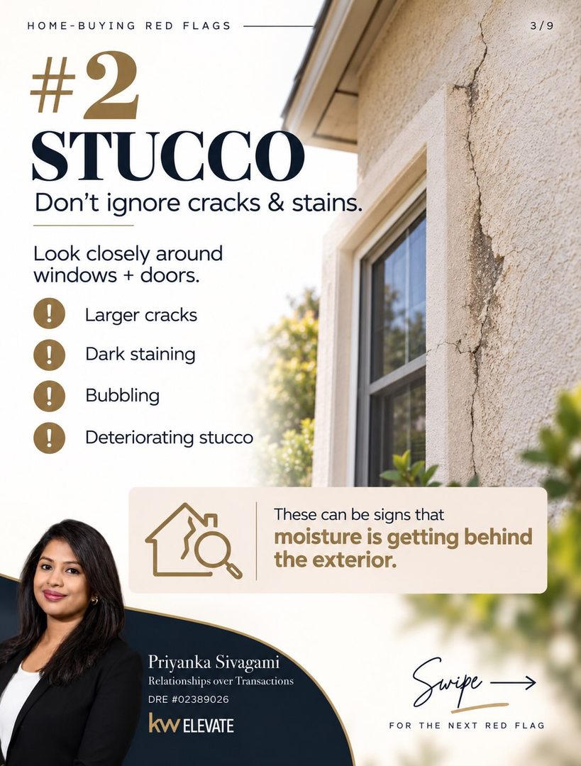 🚩 7 home-buying red flags you DON’T want to ignore
A home can have a gorgeous kitchen, fresh paint, beautiful staging… and still be hiding some very expensive problems. 👀🏡
Before you fall in love with a home, pay attention to:
💧 Drainage issues
🏠 Stucco cracks & staining
💦 Signs of leaks
🪟 Window problems
🌡️ Aging HVAC systems
🏚️ Roof condition
🔍 Moisture & mold-like growth
Some of these issues may be minor but others can turn into thousands of dollars in repairs.
That’s why inspections, disclosures, and asking the right questions matter so much before you buy.
📌 SAVE this post and pull it up at your next home showing.
Buying a home in the Bay Area and want someone helping you look beyond the pretty finishes?
DM me “HOME” and let’s talk. 🤍
Priyanka Sivagami
Relationships over Transactions
DRE #02389026
KW Elevate