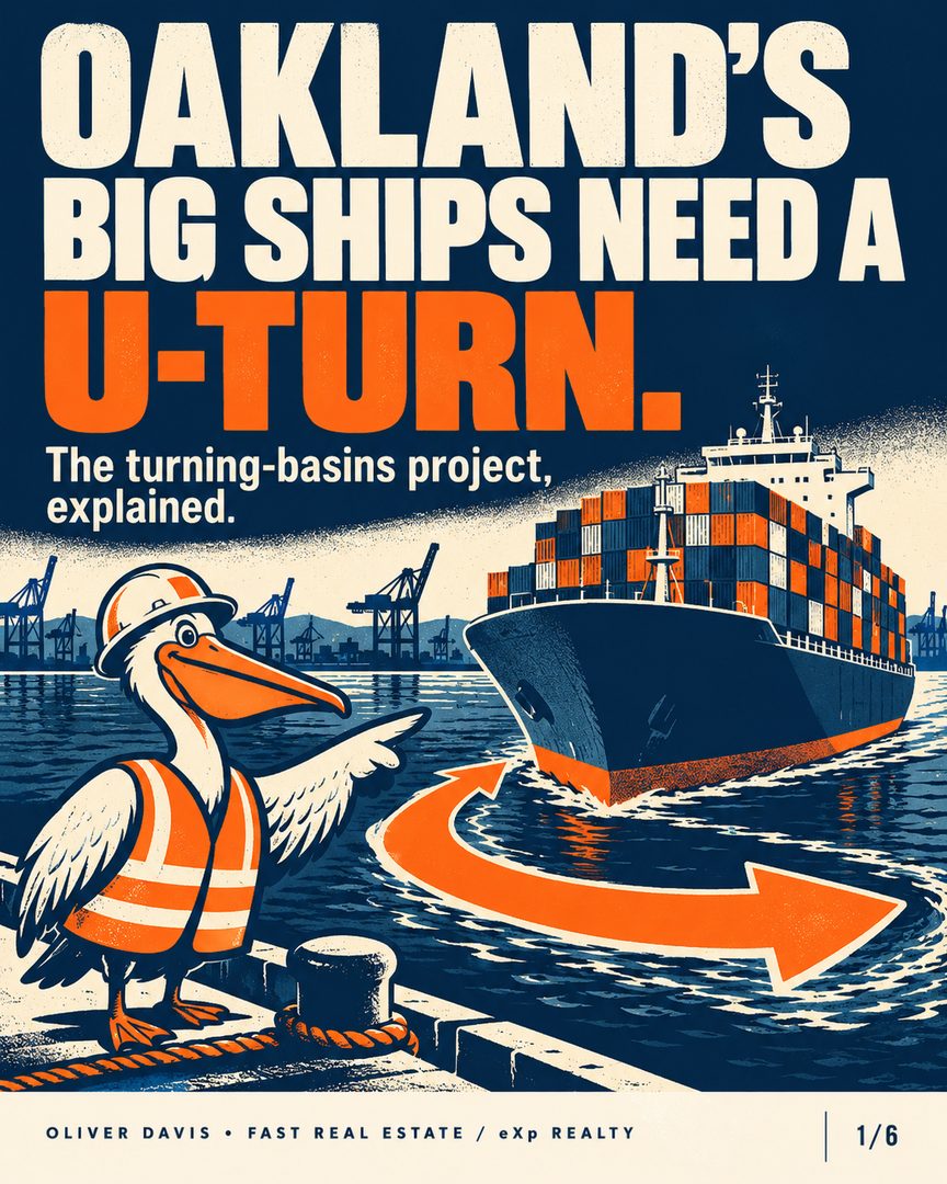 Oakland’s biggest ships need room to turn. 🚢
The Port of Oakland and the Army Corps of Engineers signed a design agreement on August 27, 2026, advancing the turning-basins project. The goal: more maneuvering room for larger container ships.
That’s an important milestone. It isn’t completed construction—and it doesn’t tell us what any particular Oakland home is worth.
For nearby owners and rental-property buyers, my watch list is practical: construction timing, access, environmental updates, and the details of the specific property.
My view: evaluate the home and its fundamentals before assuming a big infrastructure project means a price boost.
Save this as your waterfront-project checklist. Follow for clear East Bay housing updates.
Conceptual illustrations; not project renderings.
Oliver Davis • French-American real estate agent
Fast Real Estate / eXp Realty • DRE #01996487
English + français
#OaklandRealEstate #PortOfOakland #OaklandHomeowners #EastBayRealEstate #RentalProperty
