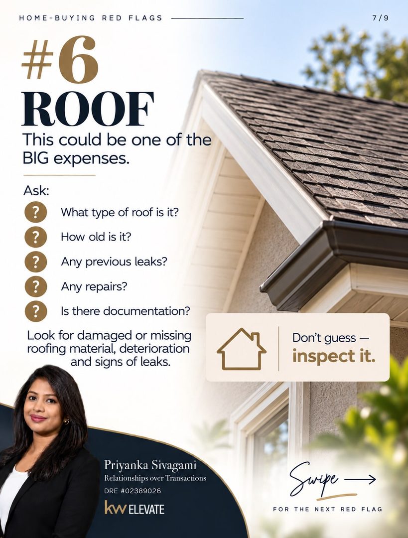 🚩 7 home-buying red flags you DON’T want to ignore
A home can have a gorgeous kitchen, fresh paint, beautiful staging… and still be hiding some very expensive problems. 👀🏡
Before you fall in love with a home, pay attention to:
💧 Drainage issues
🏠 Stucco cracks & staining
💦 Signs of leaks
🪟 Window problems
🌡️ Aging HVAC systems
🏚️ Roof condition
🔍 Moisture & mold-like growth
Some of these issues may be minor but others can turn into thousands of dollars in repairs.
That’s why inspections, disclosures, and asking the right questions matter so much before you buy.
📌 SAVE this post and pull it up at your next home showing.
Buying a home in the Bay Area and want someone helping you look beyond the pretty finishes?
DM me “HOME” and let’s talk. 🤍
Priyanka Sivagami
Relationships over Transactions
DRE #02389026
KW Elevate