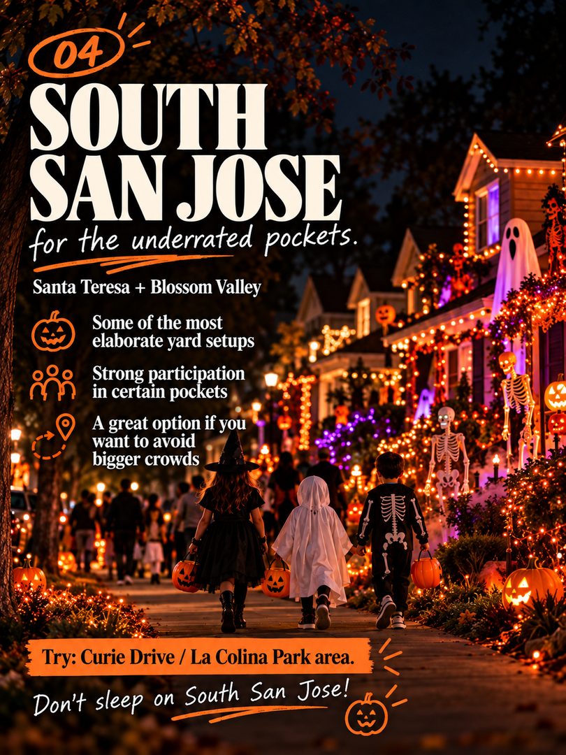 If you’re trick-or-treating in San Jose this Halloween, here are a few neighborhoods I’d look at first. 🎃🍬

From the big Halloween energy in **Willow Glen** to the tree-lined streets of the **Rose Garden**, classic suburban trick-or-treating in **Cambrian**, and underrated pockets around **Santa Teresa + Blossom Valley**, San Jose has plenty of great areas to explore on Halloween night.

Just remember: Halloween can change block by block, so look for porch lights, decorations, families already walking around, and streets where the homes are fairly close together.

If you’re going with younger kids, I’d start around sunset before the biggest crowds arrive.

Save this for **Halloween 2026** and send it to a San Jose parent who’s already planning where to trick-or-treat. 👻

Did I miss a neighborhood or street that goes all out? Drop it below — I want to add it to my list.

#SanJoseHalloween #SanJoseTrickOrTreating #HalloweenSanJose #WillowGlen #RoseGardenSanJose #CambrianSanJose #SouthSanJose #SantaTeresaSanJose #BlossomValley #SanJoseFamilies #SanJoseKids #SanJoseEvents #ThingsToDoInSanJose #BayAreaHalloween #SouthBayEvents