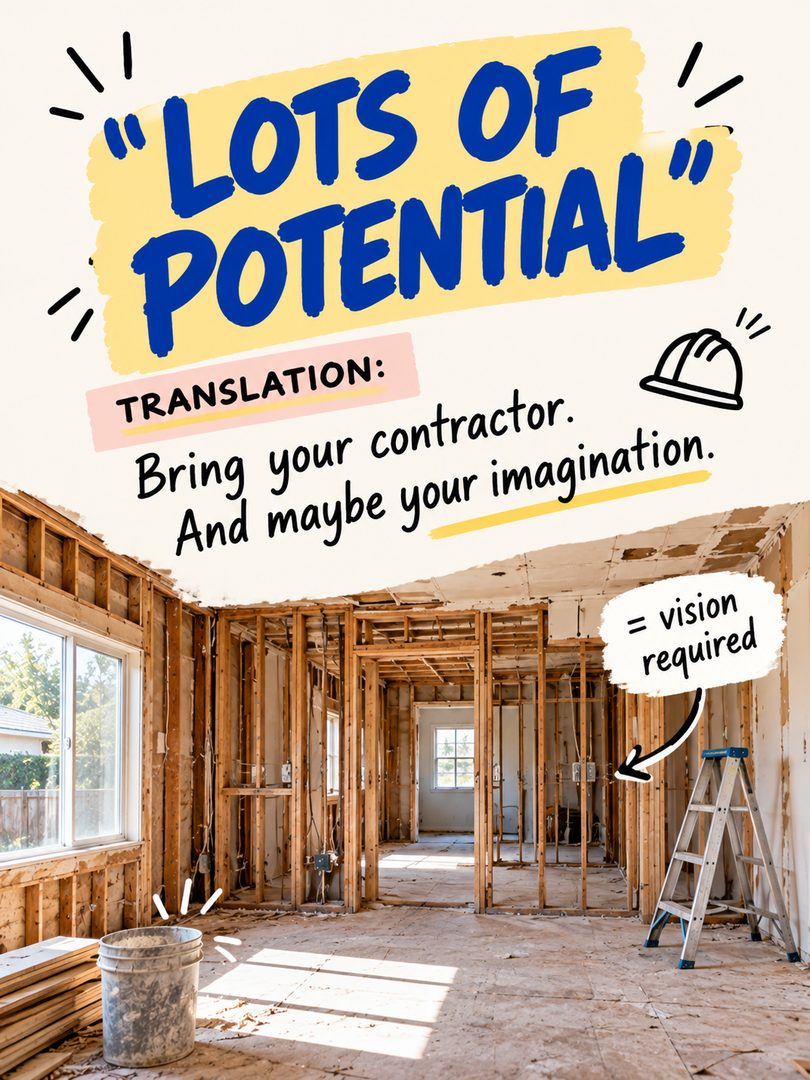 San Jose real estate listings definitely have their own language 😂
“Cozy.”
“Lots of potential.”
“Updated.”
“Minutes from everything.”
After you look at enough Bay Area homes, you start learning what some of these phrases might actually mean.
Of course, every home is different — but this is your reminder to look past the listing description and pay attention to the layout, condition, permits, updates, lot, and what would actually work for your lifestyle.
Sometimes the right home just needs a little imagination… and sometimes “cozy” really does mean cozy.
Which real estate listing phrase makes you suspicious every time? 👀
Send this to your Bay Area home-search partner.