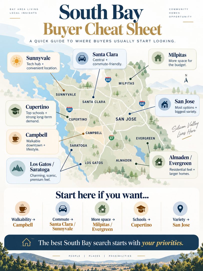 South Bay Buyer Cheat Sheet 🏡📍 Save this for your home search.

A quick guide to where buyers usually start looking:

☀️ Sunnyvale: tech hub and a convenient location
🚗 Santa Clara: central and commute friendly
🏡 Milpitas: more space for the budget
🏙️ San Jose: the most options and biggest variety
🍎 Cupertino: prime location with strong long term demand
☕ Campbell: walkable downtown and lifestyle
⛰️ Los Gatos and Saratoga: charming, scenic, premium feel
🌳 Almaden and Evergreen: residential feel and larger homes

Start here if you want…
Walkability ➡️ Campbell
Commute ➡️ Santa Clara or Sunnyvale
More space ➡️ Milpitas or Evergreen
Variety ➡️ San Jose

The best South Bay search starts with your priorities, not just a city name.

Want a personalized version based on your budget and must haves? Send me a DM and I'll help you narrow it down. 🤝

💾 Save this and share it with someone starting their home search.

Linh Tran | Real Estate Advisor | eXp Realty | DRE #02312746

#SouthBayRealEstate #SanJoseRealEstate #SiliconValleyRealEstate #BayAreaHomes #HomeBuyingTips #FirstTimeHomeBuyer #BayAreaHomeBuyer #SanJoseNeighborhoods #MilpitasHomes #CampbellCA #LosGatos #AlmadenValley #EvergreenSanJose #MovingToSanJose #SanJoseRealtor