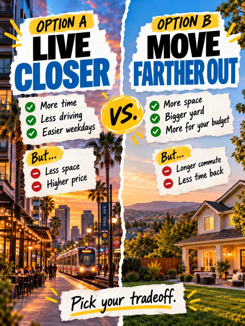 More space or more time?
That’s one of the biggest tradeoffs South Bay home buyers have to make.
Living closer to work can mean a shorter commute, easier weekdays, and more time back in your day — but often at the cost of space.
Moving farther out can give you a bigger home, bigger yard, and more for your budget — but the commute becomes part of the decision too.
When buying a home in the South Bay, I always think the lifestyle matters just as much as the house itself.
Because a commute that feels manageable on a weekend can feel very different during Tuesday rush hour.
So I’m curious:
A — shorter commute + less space
B — longer commute + more space
Which one are you choosing?
Send this to the person you’d have to agree with before buying.
#SouthBayRealEstate #SanJoseRealEstate #SanJoseHomes #SouthBayHomes #BayAreaRealEstate #BayAreaHomeBuyer #SanJoseRealtor #SouthBayRealtor #HomeBuyingTips #BayAreaHomes #SiliconValleyRealEstate #SiliconValleyHomes #SanJoseLiving #SouthBayLiving #BayAreaLiving
