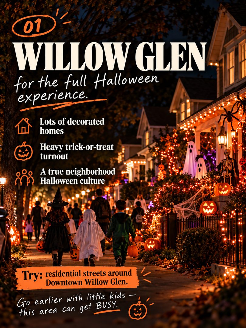 If you’re trick-or-treating in San Jose this Halloween, here are a few neighborhoods I’d look at first. 🎃🍬

From the big Halloween energy in **Willow Glen** to the tree-lined streets of the **Rose Garden**, classic suburban trick-or-treating in **Cambrian**, and underrated pockets around **Santa Teresa + Blossom Valley**, San Jose has plenty of great areas to explore on Halloween night.

Just remember: Halloween can change block by block, so look for porch lights, decorations, families already walking around, and streets where the homes are fairly close together.

If you’re going with younger kids, I’d start around sunset before the biggest crowds arrive.

Save this for **Halloween 2026** and send it to a San Jose parent who’s already planning where to trick-or-treat. 👻

Did I miss a neighborhood or street that goes all out? Drop it below — I want to add it to my list.

#SanJoseHalloween #SanJoseTrickOrTreating #HalloweenSanJose #WillowGlen #RoseGardenSanJose #CambrianSanJose #SouthSanJose #SantaTeresaSanJose #BlossomValley #SanJoseFamilies #SanJoseKids #SanJoseEvents #ThingsToDoInSanJose #BayAreaHalloween #SouthBayEvents