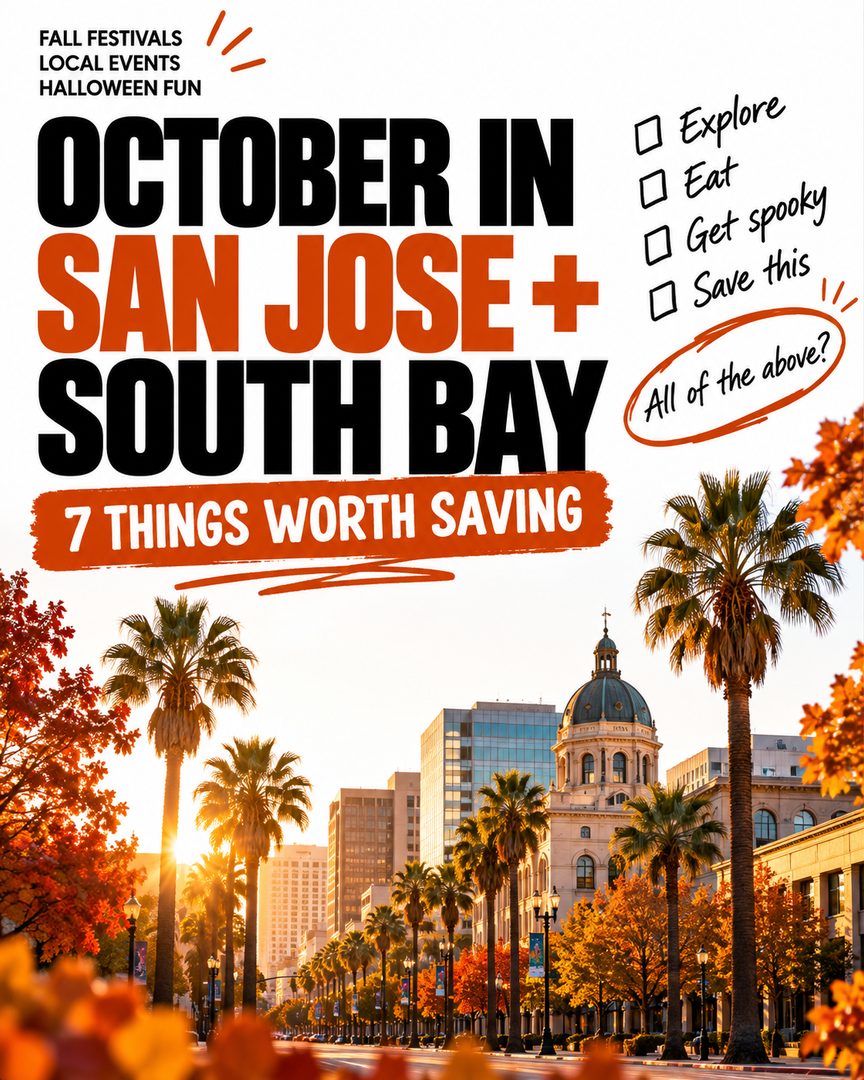 October in San Jose + the South Bay is packed 🍂🎃
If you’re looking for things to do this month, save this list for fall festivals, family-friendly events, Halloween activities, local food, and a few fun weekend plans around San Jose, Los Gatos, Mountain View, and Santana Row.
A few October picks:
Glass Pumpkin Festival at Santana Row
Oktoberfest at San Pedro Square
Pumpkins in the Park at Discovery Meadow
St. Mary’s Country Fair in Los Gatos
Spooky Times at Deer Hollow Farm
Pumpkin Picasso at Santana Row
Trick-or-Treat the Row
Which one are you adding to your October plans?
Save this carousel for later and send it to someone who needs weekend ideas.