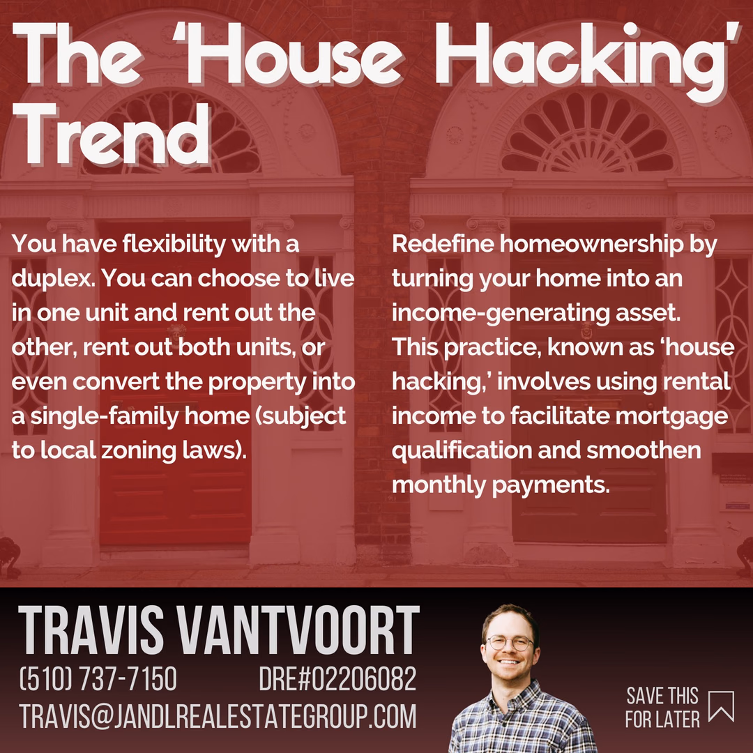 Find Financial Freedom with Duplex Living! 
Embrace the 'House Hacking' trend—where folks turn their homes into income-generating assets. From rental income to mortgage perks, discover the keys to a brighter financial future. Let me show you the duplex advantage!

#BayAreaRealEstate #PersonalFinance #HouseHacks #CostOfLiving