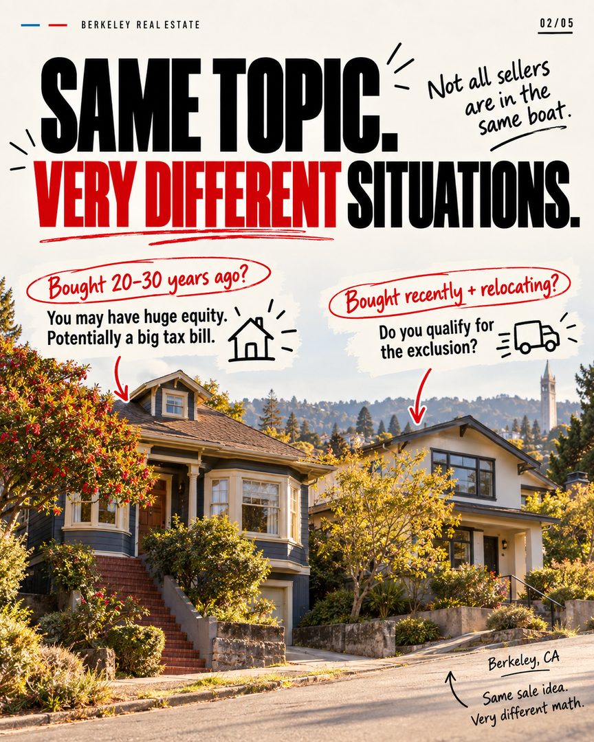 Talk to your CPA before you talk to me. Seriously. 💰
I meet a lot of homeowners who are thinking about selling, sometimes for very good reasons, but they wait months to really explore it because they’re worried about the capital gains taxes.
And I get it.
If you bought your Berkeley home 20 or 30 years ago, you may be sitting on a huge amount of equity. That’s great — but it can also mean a significant tax bill when you sell. 🏡
On the other hand, maybe you bought only a couple of years ago and now need to relocate. You may be wondering whether you even qualify for the capital gains exclusion.
Those are completely different situations, and I’m not the person who should be giving you the tax answer. Your CPA is.
What I can tell you is: don’t wait until you’re already in escrow to figure this out.
Talk to your CPA early. Understand what your potential tax exposure is, what improvements may increase your cost basis, whether you qualify for an exclusion, and whether the timing of the sale makes a difference.
Once you know the numbers, you can actually make a good decision about whether selling makes sense.
If you’re thinking about selling this year and don’t have a CPA who understands real estate, call or text me at 628-259-8398. I’m happy to make an introduction.
No obligation to sell anything with me.
Filmed this one by Cesar Chavez Park in Berkeley, where I do a lot of my morning runs. 🌊
Oliver Davis
Fast Real Estate / eXp Realty
📞: 628-259-8398 | oliver@soldbyod.com | @oliverdavisreal estate agent
#eastbayrealestate #berkeleyca #capitalgains #berkeleyrealestate