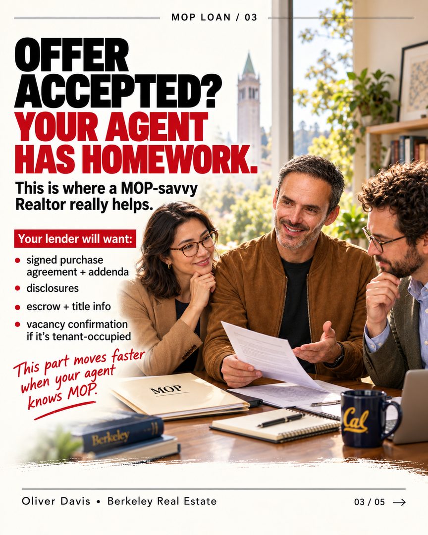 🏡 Found a home you love? Before you start picturing where the furniture goes… there's something worth checking. 👀

If you're buying a home, you probably have a few things on your mind: the location, the price, the monthly payment, and whether the house feels right.

But have you thought about whether **the home itself meets your loan's requirements?**

That's something buyers don't always think about until they're already deep into the process.

And if you're using a **UC MOP loan**, there are a few extra details worth knowing.

🔑 Not every property is eligible.
🔍 Inspections and repairs can affect your financing.
📋 Even the wording of seller credits can make a difference.

And here's the thing… finding the right house is only part of it. Making sure everything lines up *before* you write an offer can save you some pretty frustrating surprises later.

**Wouldn't you rather know what to look for before you've already fallen in love with the place?** 😉

Swipe through for a few things worth knowing before your next home tour. 👉

And whether you're just starting to explore your options or getting ready to make an offer, feel free to reach out. Always happy to talk things through.

**Oliver Davis | Fast Real Estate / eXp Realty**
📞 628-259-8398 | oliver@soldbyod.com

#berkeleyrealestate #eastbayhomes #bayarearealestate #ucberkeley #moploans #faculty #homebuyingtips #berkeleyhomes