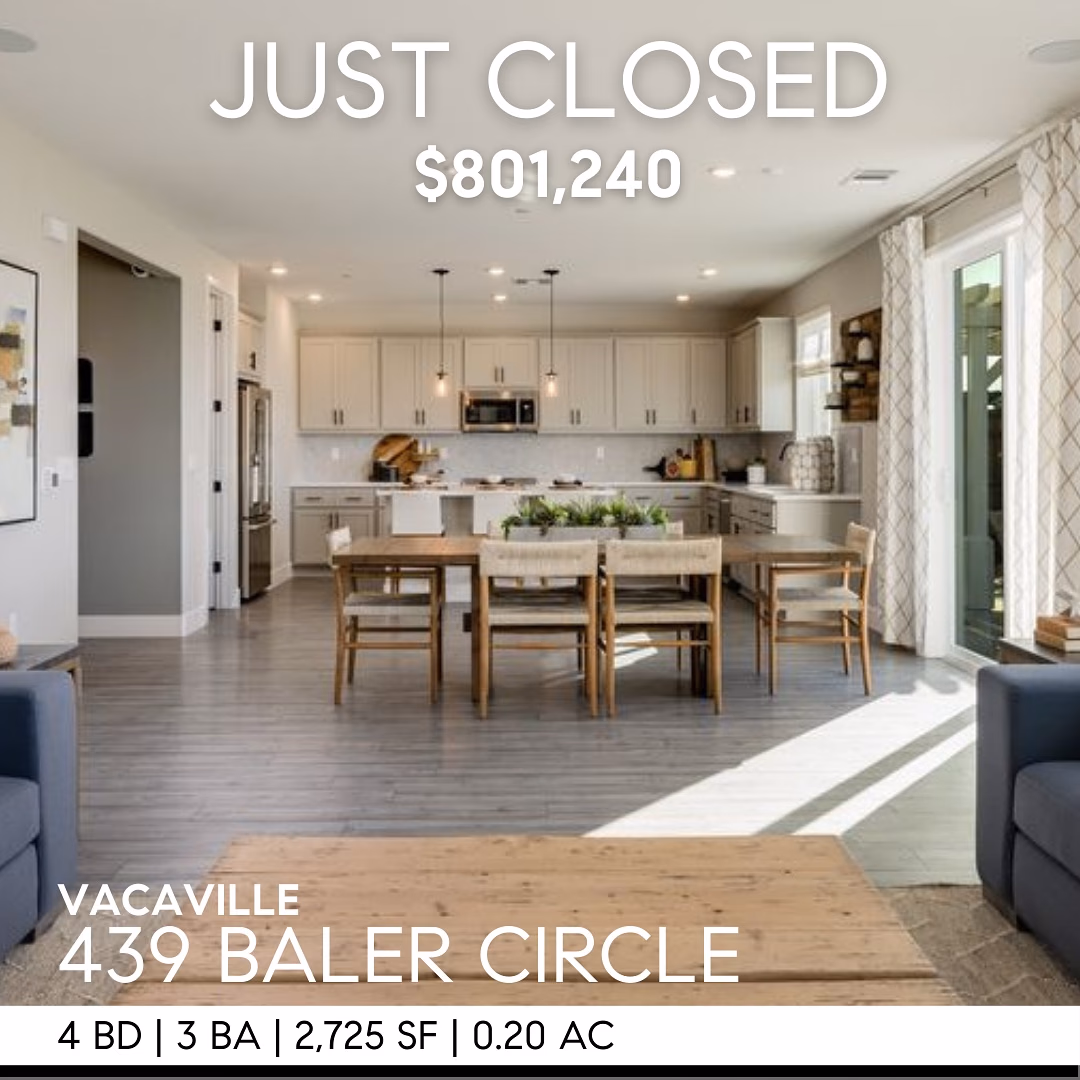 JUST CLOSED // BUYER REP // $801,240
439 Baler Circle, Vacaville, CA
2,725 SF | 4-Bed | 3-Bath 

Congratulations to my buyers on closing their new home!

Officially, it’s my furthest transition yet, but well worth it!

This beautifully designed home in the Carmell II at Roberts Ranch community features an open-concept main floor with a kitchen island overlooking the dining and gathering areas.

A versatile loft provides space for a home office, play area, or additional living needs, while the primary suite offers a spa-like bathroom and walk-in closet. 

The charming porch enhances curb appeal, making every square foot of this home functional and inviting.

Steven Potts // DRE-02215986
✉️ steven.potts@compass.com
🤙 925-444-0377

#vacaville #sellingwalnutcreek #walnutcreetrealestate #pottsrealestate #britsofcompass #CompassEastBay #taylormorrisonhomes #irishofcompass #DRE02215986