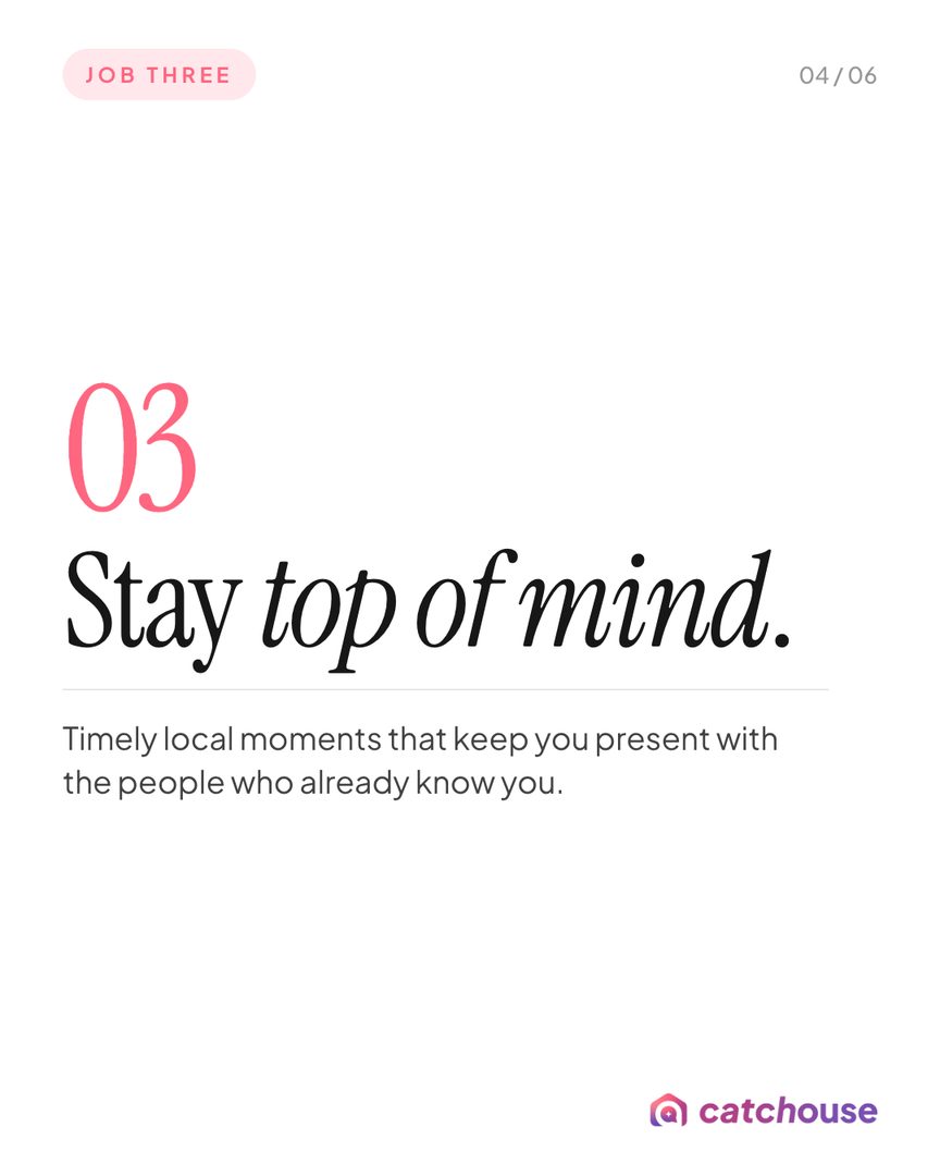 Look back at your last 10 posts. Odds are 8 do the same job.

Every post does one of three things: helps new people find you, shows who you are, or keeps you top of mind with people who already know you.

Agents who grow do all three on purpose.
Save this and check your mix. 

Catchouse | Get cited. Get found. Get chosen
Create your free profile: https://catchouse.com/for-agents