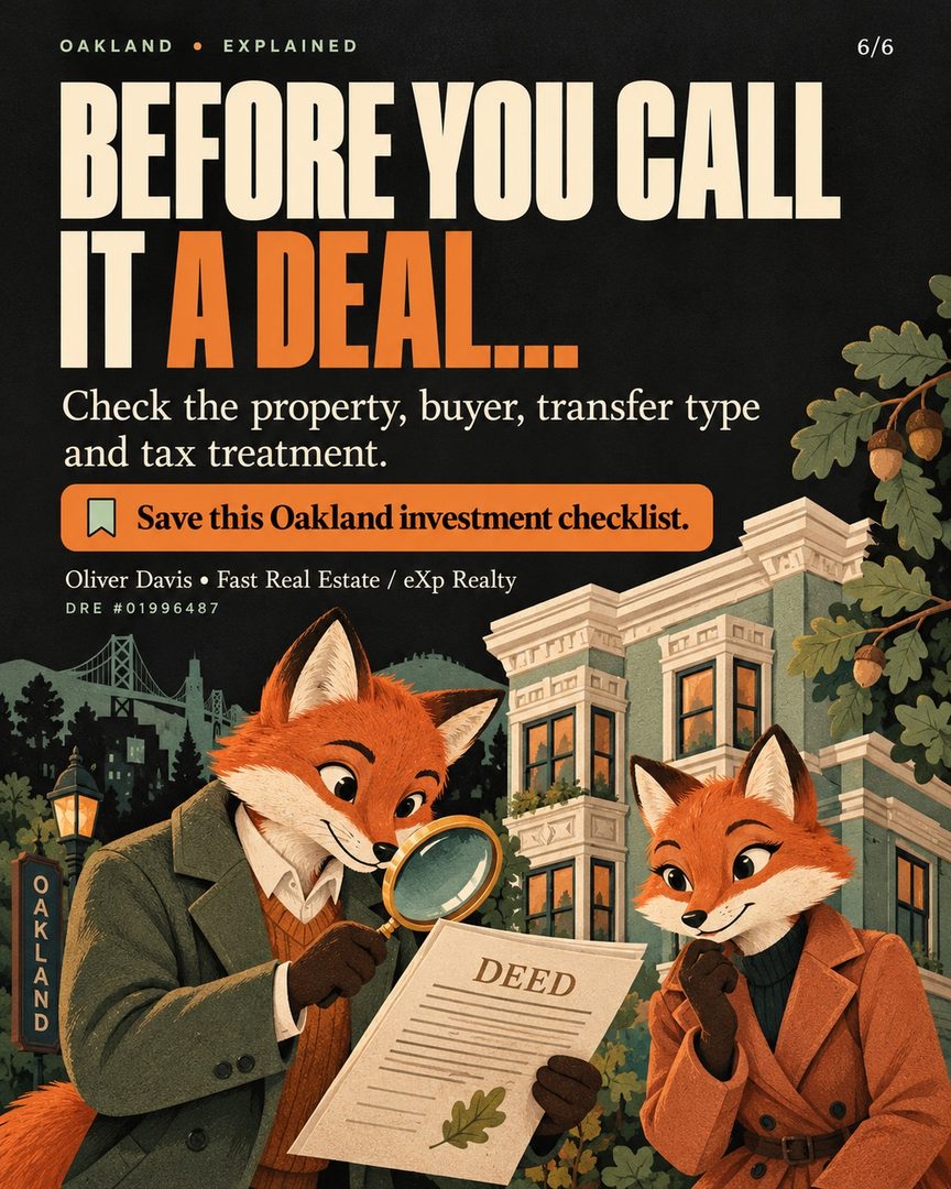 Oakland’s Measure FF is about who qualifies for a foreclosure-related transfer-tax exception.

It would keep existing tax rates while narrowing the general foreclosure exception. One proposed exception depends on BOTH the property and the recipient: four or fewer residential units transferred to a natural person or family trust.

Other exceptions have their own conditions. The measure would also let City Council amend the foreclosure-related exceptions by ordinance.

This is a proposal on the November 3, 2026 ballot. If approved by a majority, it would take effect January 1, 2027.

My view: before calling an Oakland investment a deal, understand the property, ownership structure, transaction and costs. A headline cannot do that work for you.

Save this checklist before evaluating a foreclosure purchase. This is a neutral explainer, not a voting recommendation.

Oliver Davis
French-American real estate agent
Fast Real Estate / eXp Realty
English + français • DRE #01996487

#OaklandRealEstate #OaklandCalifornia #EastBayRealEstate #RentalProperty #RealEstateInvesting #OliverDavis