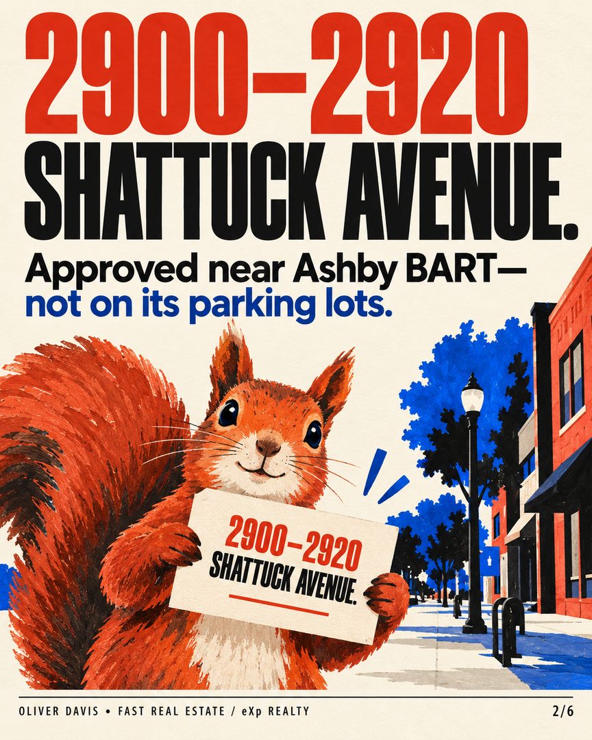 242 homes on one Shattuck Avenue site. 🏘️

The approved development at 2900–2920 Shattuck Avenue in South Berkeley calls for 11 stories, 242 apartments—including 30 below-market-rate homes—and 3,720 square feet of ground-floor retail.

It’s near Ashby BART. It’s a separate project from development on the station’s parking lots.

Approval is a milestone, not a move-in date. The next things to watch are permits, construction and actual delivery.

My view: more housing along commercial corridors is worth following. For nearby owners and buyers, assess each property’s condition, location and current comparable sales before assuming a particular price effect.

Save this local project update. Follow for clear Berkeley housing news.

Conceptual illustrations; not architectural renderings of the project.

Oliver Davis • French-American real estate agent
Fast Real Estate / eXp Realty • DRE #01996487
English + français

#BerkeleyRealEstate #SouthBerkeley #ShattuckAvenue #BerkeleyHousing #EastBayRealEstate