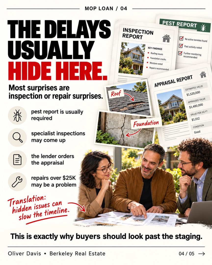 🏡 Found a home you love? Before you start picturing where the furniture goes… there's something worth checking. 👀

If you're buying a home, you probably have a few things on your mind: the location, the price, the monthly payment, and whether the house feels right.

But have you thought about whether **the home itself meets your loan's requirements?**

That's something buyers don't always think about until they're already deep into the process.

And if you're using a **UC MOP loan**, there are a few extra details worth knowing.

🔑 Not every property is eligible.
🔍 Inspections and repairs can affect your financing.
📋 Even the wording of seller credits can make a difference.

And here's the thing… finding the right house is only part of it. Making sure everything lines up *before* you write an offer can save you some pretty frustrating surprises later.

**Wouldn't you rather know what to look for before you've already fallen in love with the place?** 😉

Swipe through for a few things worth knowing before your next home tour. 👉

And whether you're just starting to explore your options or getting ready to make an offer, feel free to reach out. Always happy to talk things through.

**Oliver Davis | Fast Real Estate / eXp Realty**
📞 628-259-8398 | oliver@soldbyod.com

#berkeleyrealestate #eastbayhomes #bayarearealestate #ucberkeley #moploans #faculty #homebuyingtips #berkeleyhomes