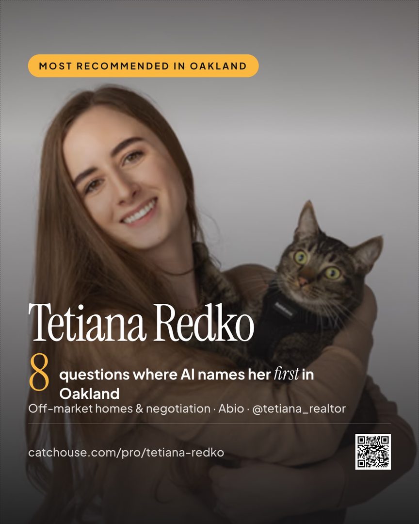 Congratulations to @tetiana_real estate agent — Most Recommended in Oakland.
There are eight questions where AI now names Tetiana first: off-market homes, negotiation, first-time buyers in the East Bay. Twelve contexts in all, across ChatGPT and Google AI, plus organic search.
No one in Oakland is cited more consistently. That is not luck. Tetiana answers the questions buyers actually ask — Martinez versus Benicia, when to buy, where to eat in Oakland — in her own words, on her own page.
Repost this if she helped you. Her page: catchouse.com/pro/tetiana-redko
—
Instagram: @tetiana_real estate agent
LinkedIn: Tetiana Redko
#Oakland #OaklandRealEstate #BayAreaRealEstate #AEO #AISearch MostRecommended