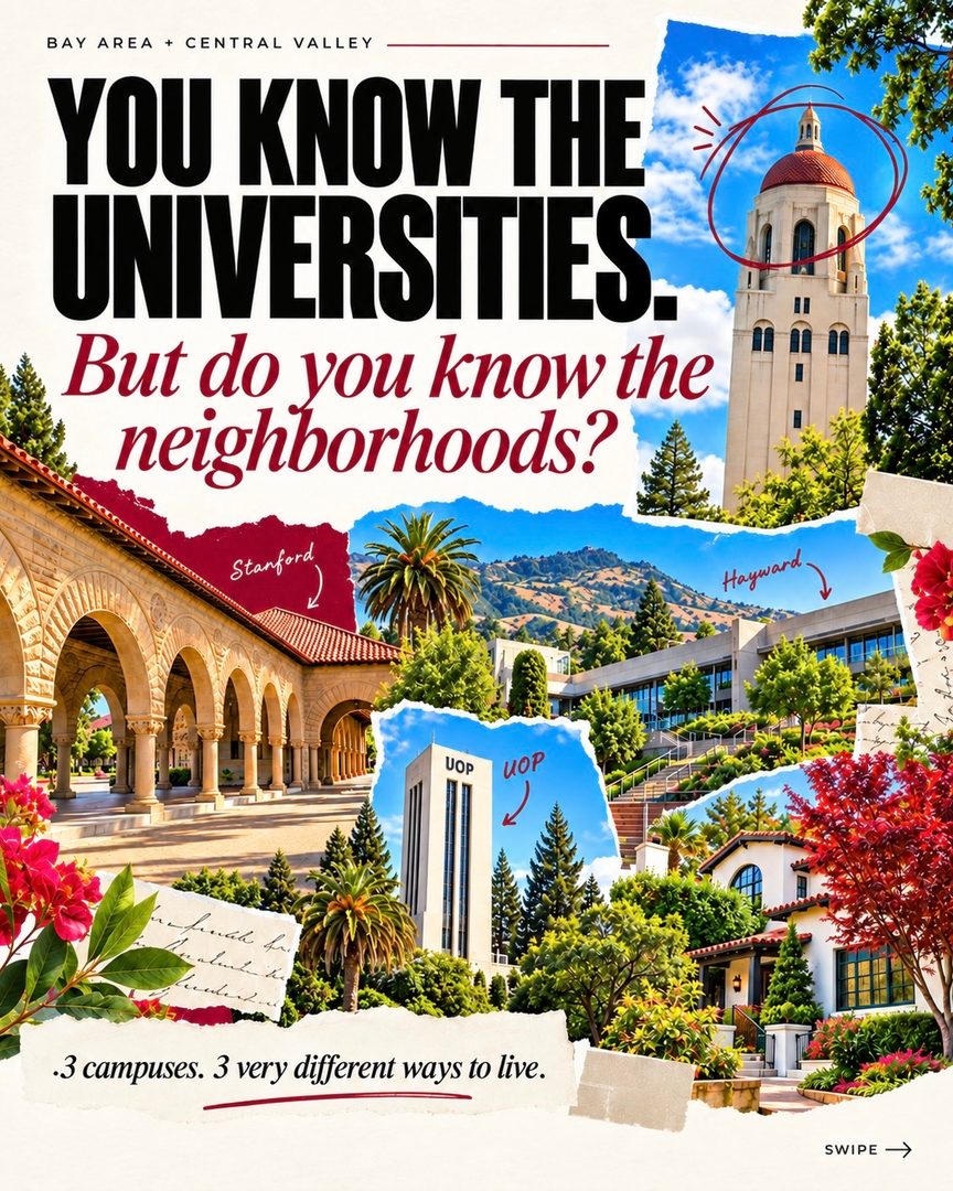 Whether you’re moving for school, work or a fresh start, there’s more to your next address than the home itself. 🌳
You might recognize UOP, Stanford and Cal State East Bay. But have you explored the communities around them?
From Stockton’s Miracle Mile to downtown Palo Alto and Hayward, swipe for local spots to grab coffee, make dinner plans and get to know the area.
Where could you see yourself living? 👇