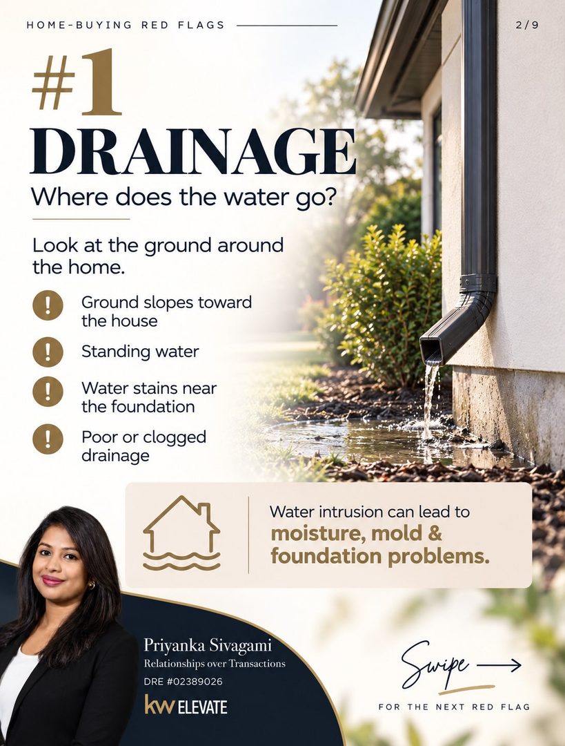 🚩 7 home-buying red flags you DON’T want to ignore
A home can have a gorgeous kitchen, fresh paint, beautiful staging… and still be hiding some very expensive problems. 👀🏡
Before you fall in love with a home, pay attention to:
💧 Drainage issues
🏠 Stucco cracks & staining
💦 Signs of leaks
🪟 Window problems
🌡️ Aging HVAC systems
🏚️ Roof condition
🔍 Moisture & mold-like growth
Some of these issues may be minor but others can turn into thousands of dollars in repairs.
That’s why inspections, disclosures, and asking the right questions matter so much before you buy.
📌 SAVE this post and pull it up at your next home showing.
Buying a home in the Bay Area and want someone helping you look beyond the pretty finishes?
DM me “HOME” and let’s talk. 🤍
Priyanka Sivagami
Relationships over Transactions
DRE #02389026
KW Elevate